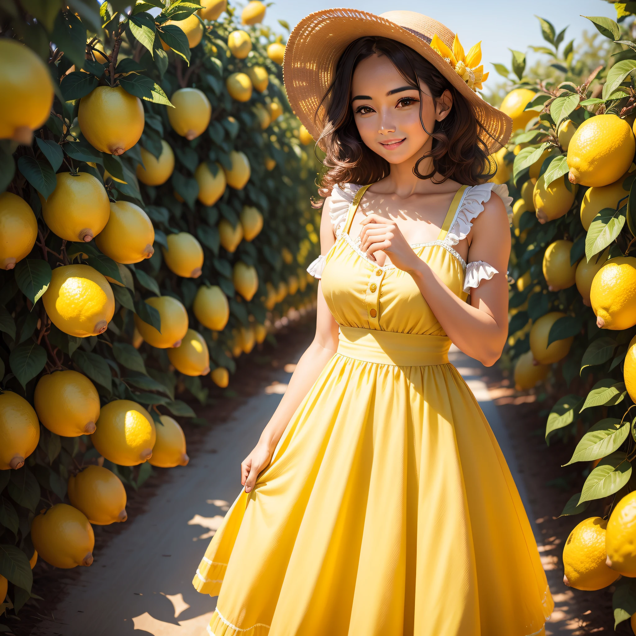 Meet a woman who radiates freshness and enthusiasm, dressed in lemon-inspired clothes, as she explores a sunlit citrus orchard. The golden tones of the lemons reflect their vibrant spirit in this cheerful and charming environment.