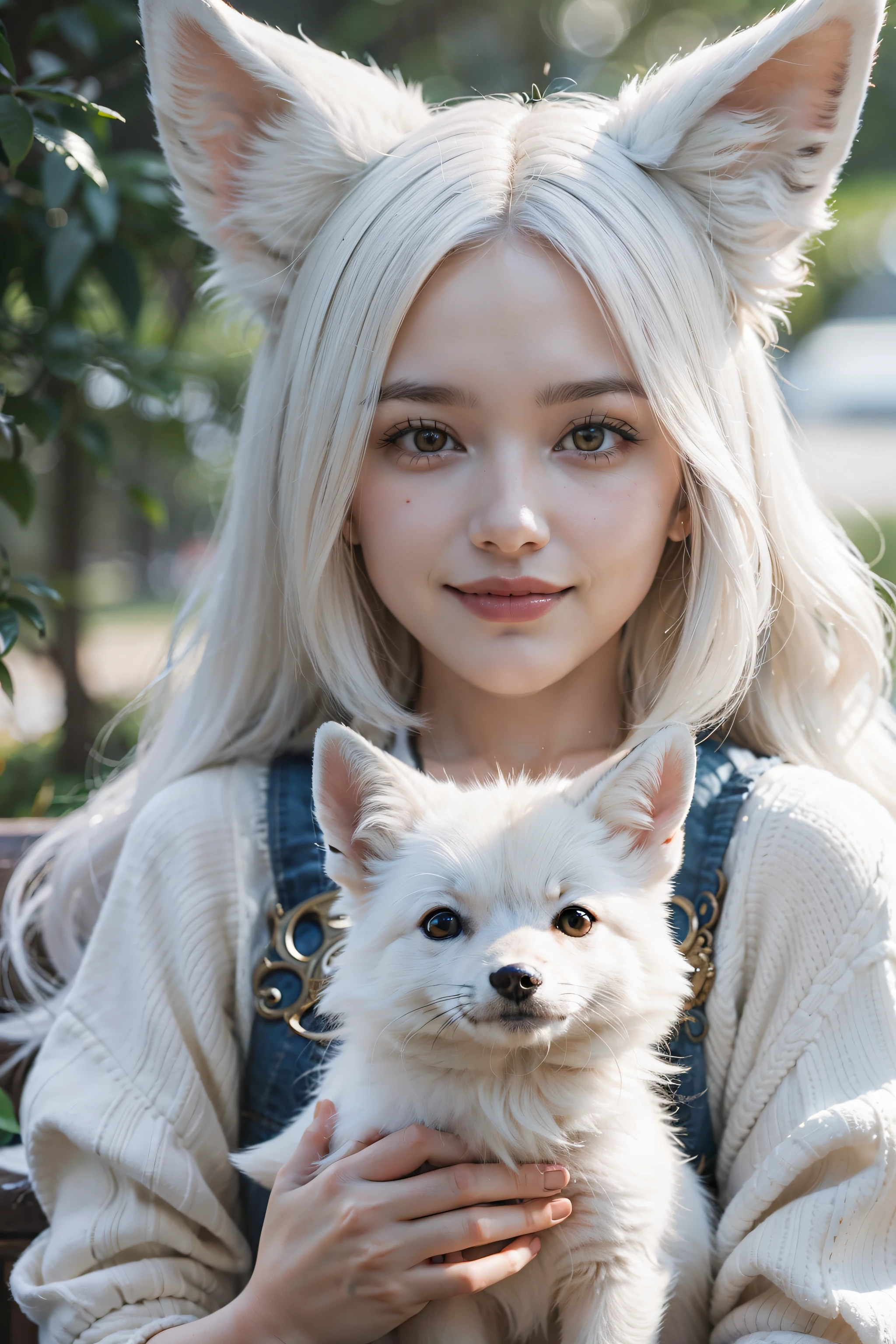 girl with white hair and fox ears, smiling, looking at the camera with a white fox at her side, high quality, high detail, masterpiece, 4K