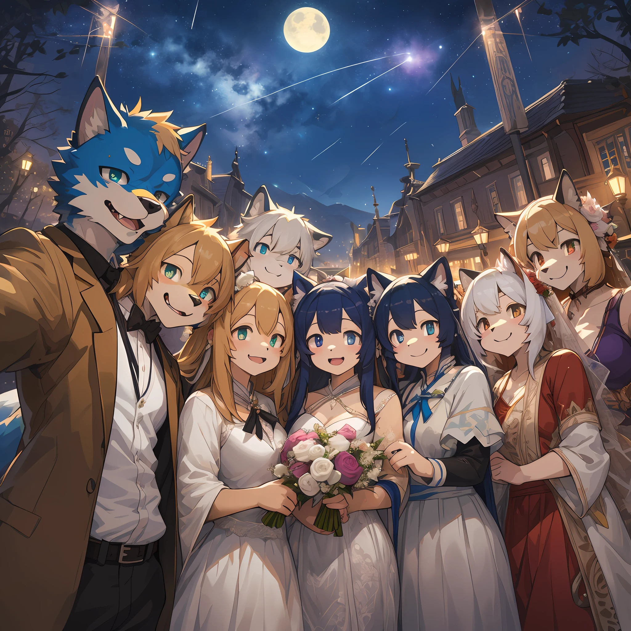 top quality, best quality, High-quality illustrations, masterpiece, super high resolution, detailed background, detailed background, Wedding attendees, chies, group shot, 6+boys, 6+girls, night sky, absurdres(highly detailed beautiful face and eyes)perfect anatomy(Photo of family trip)(kemono, furry anthro)selfie,