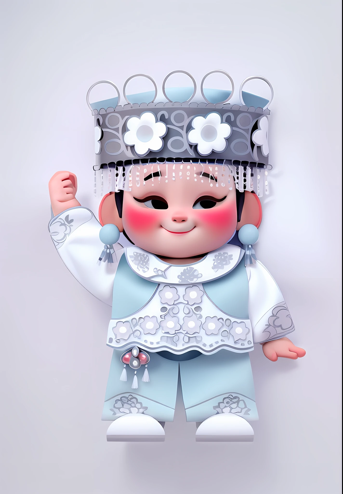 Yi girls from ethnic minorities in China，Wear traditional national costumes and headdresses，One hand up，Silver-toned earrings，hanfugirl，Meticulous details，white clean background