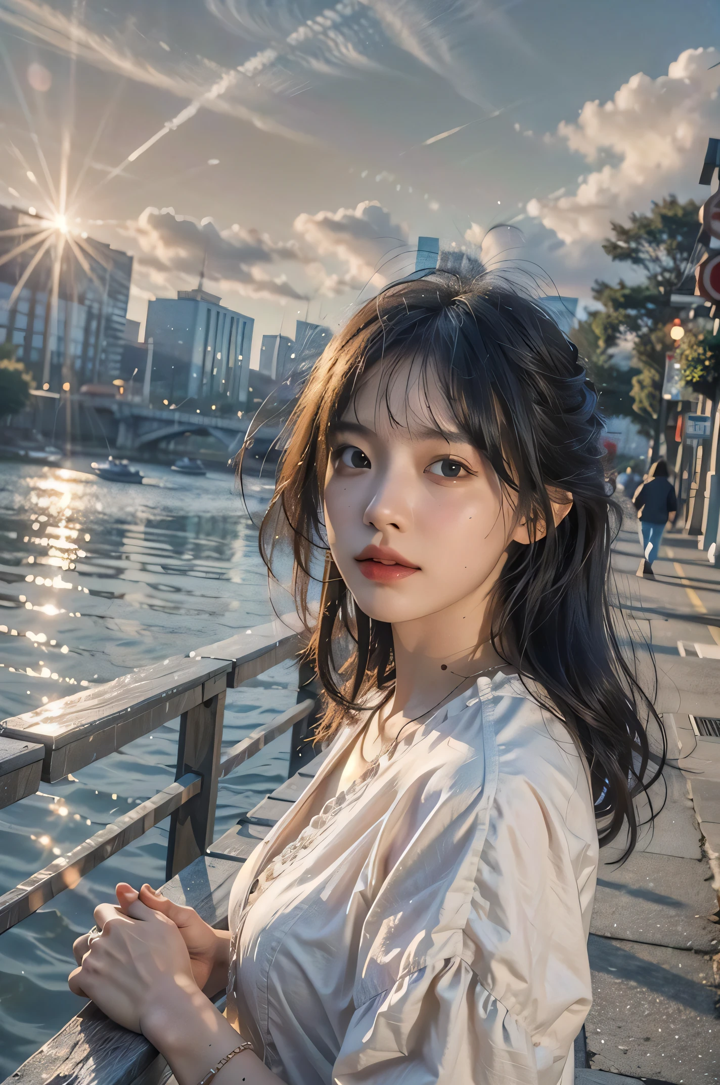 best quality, masterpiece, photo realistic, intricate details, raw photo, photon rendering, octane render, absurdres, ultra detailed, detailed face, detailed skin, trending on artstation,8k masterpiece,cinematic lighting, scenery, scenery, no humans, cityscape, sky, city, cloud, outdoors, building, sunset, city lights, bridge, river, tree, roadn, artist name,