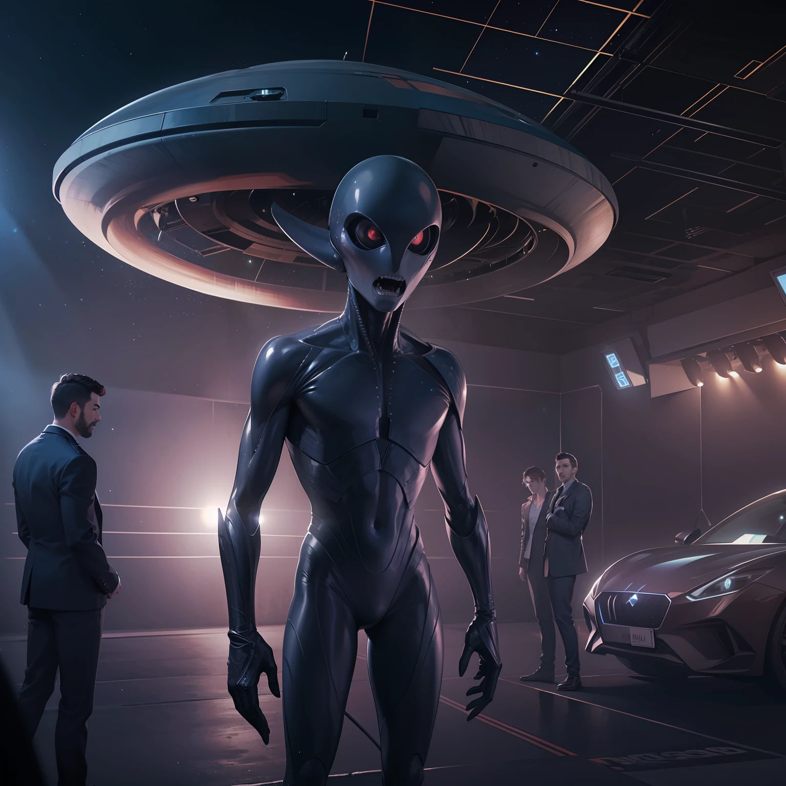 8k，Photoreal，An alien poses with a man，the night，Stars，UFO，facing to audience，suspenseful，Ultimate detail，Top lighting，