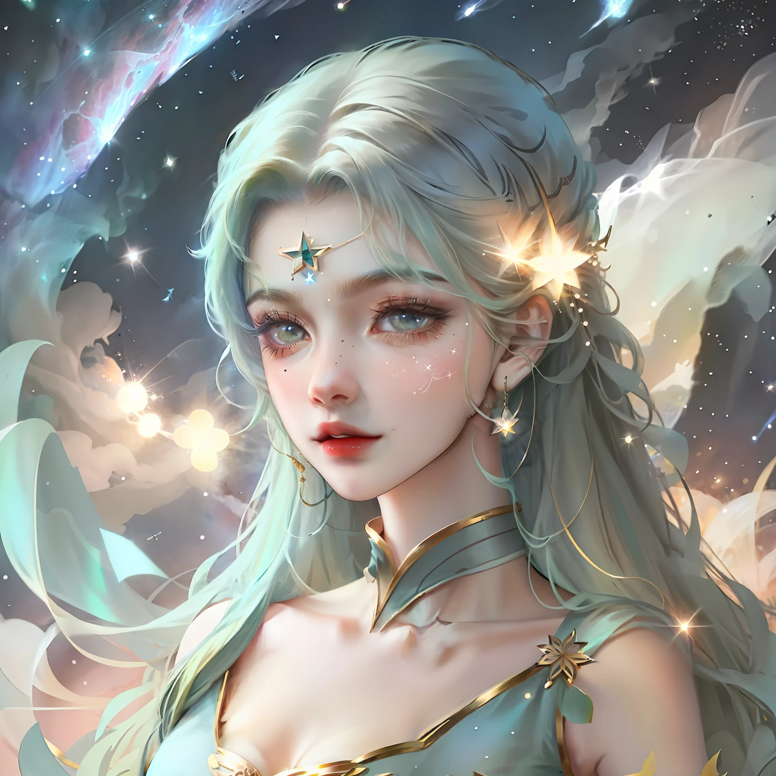 Girl with green hair。Starry sky nebula in the background,The stars twinkle