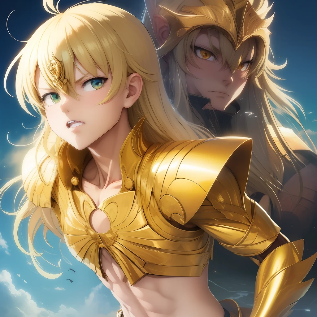 ((Shaka)), 2 boys fighting anime style where one is hitting the other with a punch and the one who took the punch is falling passed out , ambiente templo grego, particuls, jogo de luzes