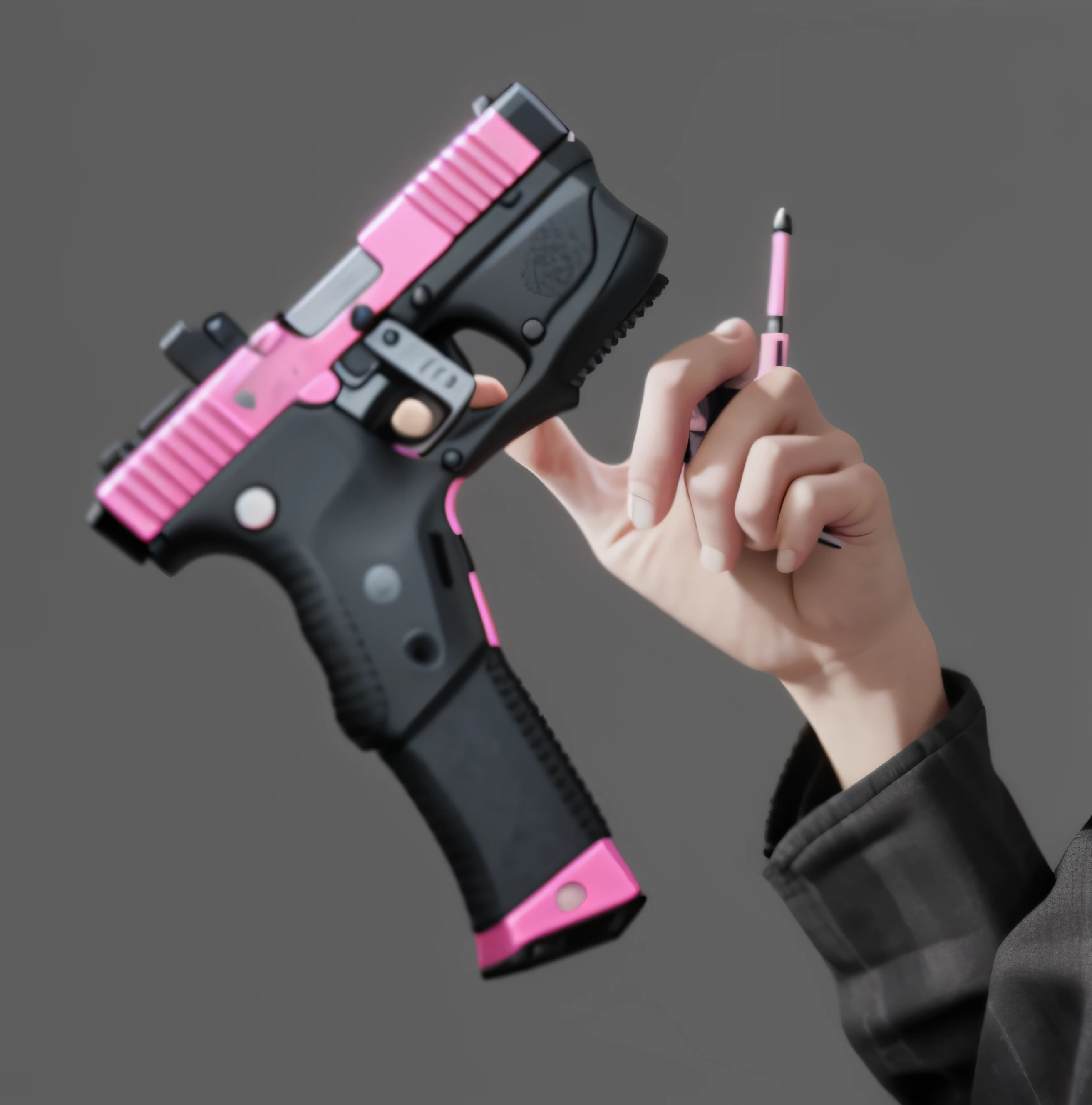 Pink and black pistols, pink, black, small guns, bloom, ((cold light)), sharp focus, photo realistic, detailed skin, background out of focus, cinematic composition , ultra-detailed, realistic , hyper-realistic , volumetric lighting, 8k, trending on artstation