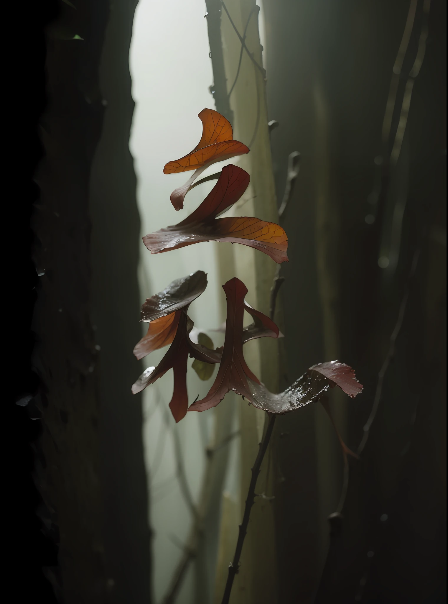 Dead woods,falling leaf,rivulets,Fade into nature,steins,white frost,drippy,detail-rich