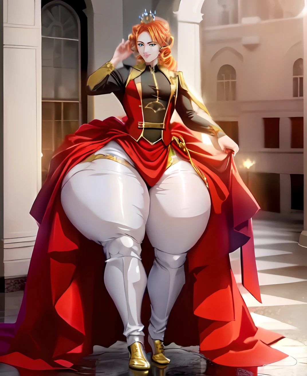 best quality, masterpiece, solo, (( Tall ,Feminine))anime Male in red Dress with crown,( Red corset, Skirt trail), wearing an ornate outfit, anime princess, in a fancy elaborate dress, ((Long Orange Hair:1.4)), ((hair styled in curls:1.3)),((Green eyes)),((Wide Hips)) , ((Thick Thighs )), Background(Ballroom)), expression ( Smug, Smiling , haughty),pose( Sitting)