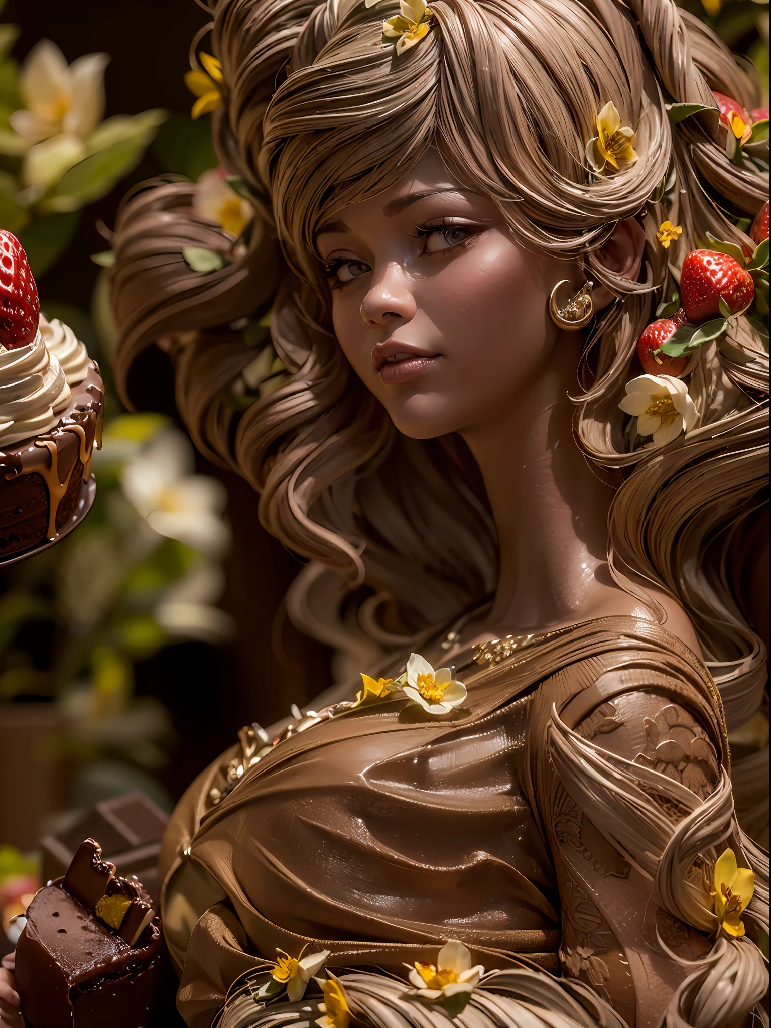 (masterpiece, photorealistic:1.3), (CGI macro simulation of a cake:1.2), (focus on a chocolate statue of a woman:1.2), (intricate and realistic details in the sculpture:1.2), (statue's flowing hair made of golden caramel:1.1), (delicately sculpted curls and waves:1.1), (the woman's graceful features brought to life in chocolate:1.1), (the smooth and rich texture of the chocolate:1.1), (her elegant cream chantilly dress draping gracefully:1.1), (subtle folds and intricate patterns in the dress:1.1), (meticulously crafted from edible materials:1.1), (Blender CGI software, capable of producing stunning photorealistic scenes:1.2), (simulating a macro lens effect:1.2), (capturing the finest details of the chocolate statue:1.1), (shadows and highlights adding depth and realism:1.1), (the cake's moist and fluffy layers beneath the statue:1.1), (strawberry glaze glistening on top:1.1), (decorative chocolate shards and edible flowers surrounding the statue:1.1), (a work of art both in taste and appearance:1.1), (the perfect blend of creativity and culinary craftsmanship:1.1), (a visual delight for the eyes and taste buds:1.1), (a stunning centerpiece for a grand celebration:1.1), (the sculpture's lifelike appearance capturing hearts and palates alike:1.1), (a seamless blend of reality and imagination:1.1), (a tempting and artistic display of culinary art:1.1), (an image that blurs the lines between CGI and reality:1.1), Cinematic, Hyper-detailed, insane details, Beautifully color graded, DOF, Super-Resolution, Megapixel, Cinematic Lightning, Anti-Aliasing, Post Processing, Post Production, Tone Mapping, Insanely detailed and intricate, Hyper maximalist, Hyper realistic, Volumetric, Photorealistic, ultra photoreal, ultra-detailed, intricate details, 8K, Super detailed, Full color, Volumetric lightning, HDR, Realistic, 16K, Sharp focus