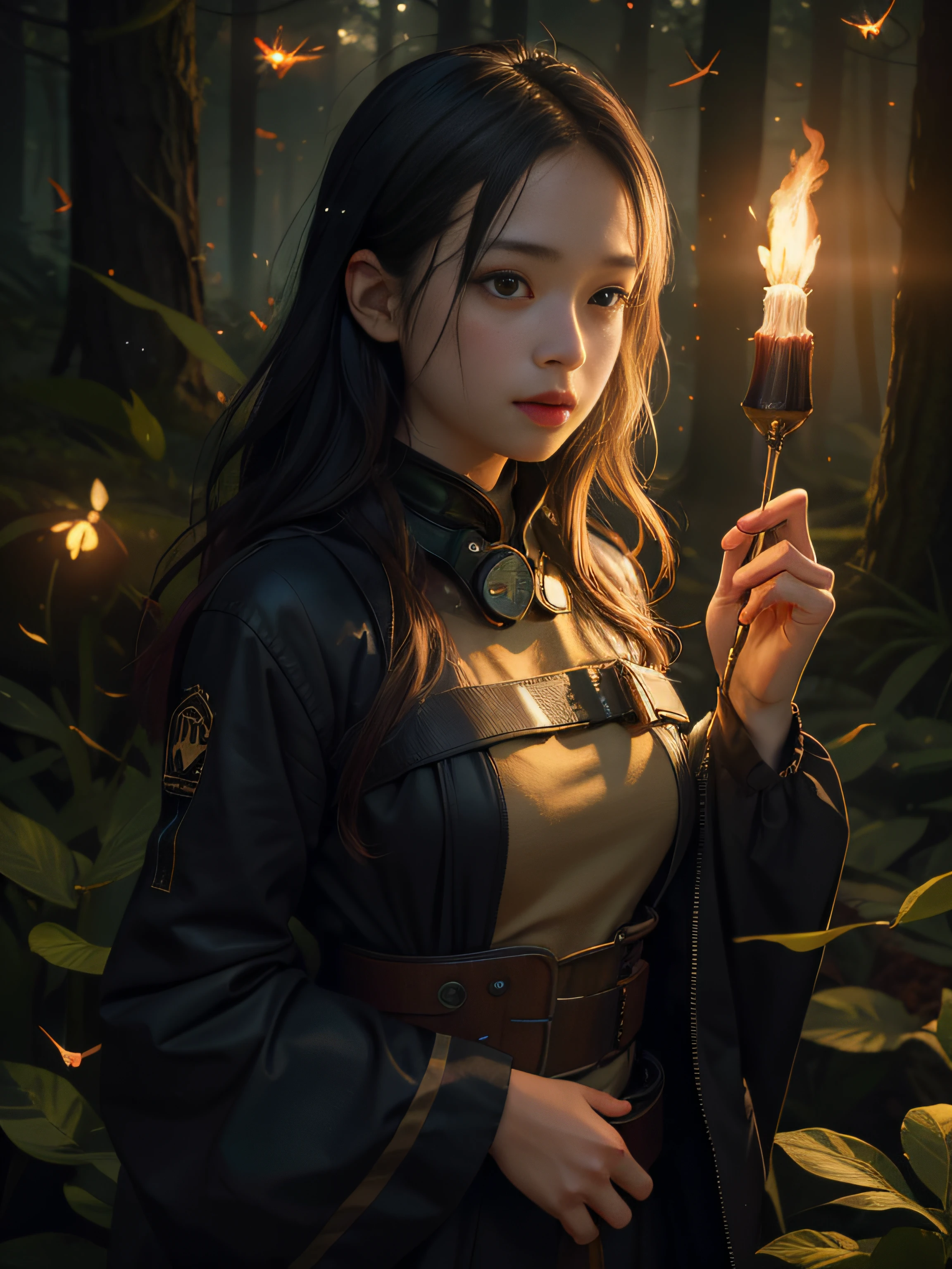 1girl, solo, official art, unity 8k wallpaper, ultra detailed, beautiful and aesthetic, masterpiece, best quality, photorealistic, glowworm, in the wood of (firefly:1.3), bonfire, dark theme