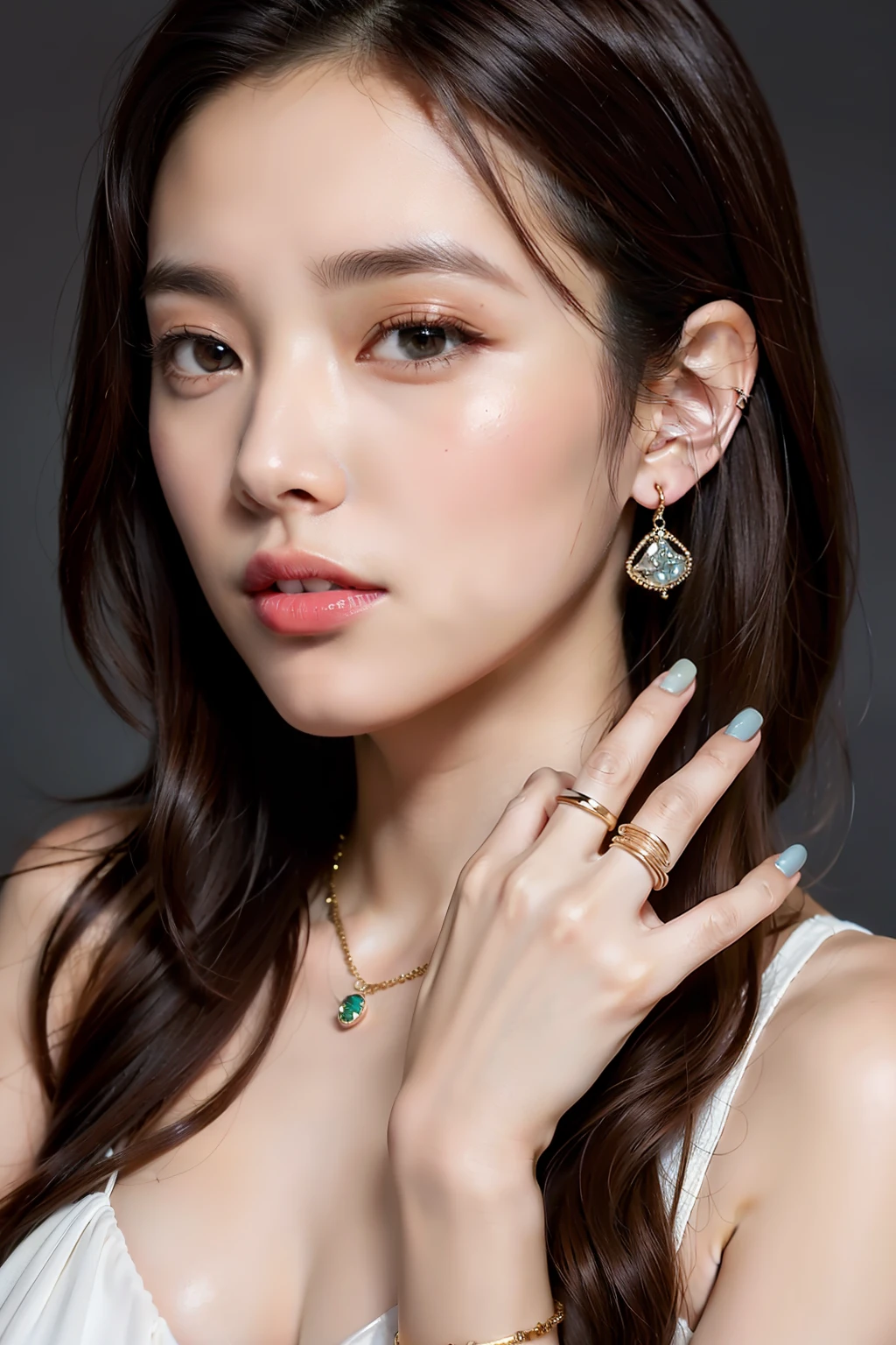 (Best Quality, 8K, Masterpiece: 1.3)), Sharp: 1.5, shoot the (high detailed skin:1.2), shoot the (high detailed face:1.2), shoot the (high detailed hand:1) 8k uhd, dslr, low key, high quality, film grain, Fujifilm XT3, lighting glow effect,no retouching,raw photo realistic, (Ukrainians:Russian:0.5), detailed eyes, double eyelids, Model posture of jewellery advertisement, BREAK jewelry, ring, parted lips, looking at viewer, earrings, simple background, outdoor, BREAK bohemian earth yeallow dress