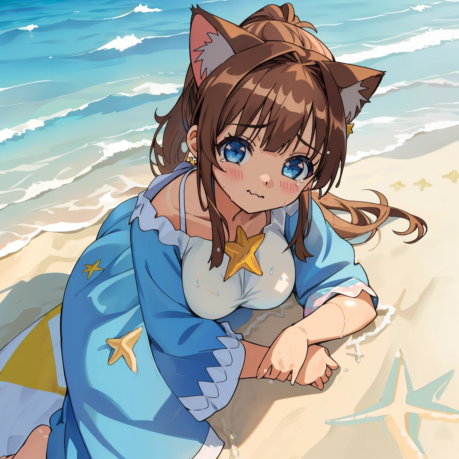 (Highly detailed CG Unity 8k wallpaper), (Best Quality), (Super Detail), (Best Illustration), (Best Shadow), POV, Realistic lighting and shading, Natural light, Lens flare effect, BREAK, 1 beautiful girl, Solo,(Cute:1.5),(Chibi:0.8), (kawaii:1.5),(Lori:0.5), BREAK, ( (17 years old girl), Very detailed, colourfull, highest details, BREAK, (Huge breasts: 1. 2,), Clear skin, Beautiful skin, Shy skin, 1 beautiful girl, Brown hair, (Cat ears, Ponytail, medium-Long hair: 1. 2), (Light blue eyes, long eyelashes, Double eyelids: 1. 2), Solo, gleaming skin, BREAK,(Wet Casual Beachwear:1.2), (lightweight summer one-piece dress:1.2), (a straw fedora hat:1.0), (flipflops:1.0), (star-shaped earring:1.1), (Lace headband:1.0), (Cute Accessories:1.3), (Tears,grimace,Face with pain:1.1), (Falling and lying face down:1.3), (Beach background:1.3), (Angle from above:1.1), BREAK,🌇,