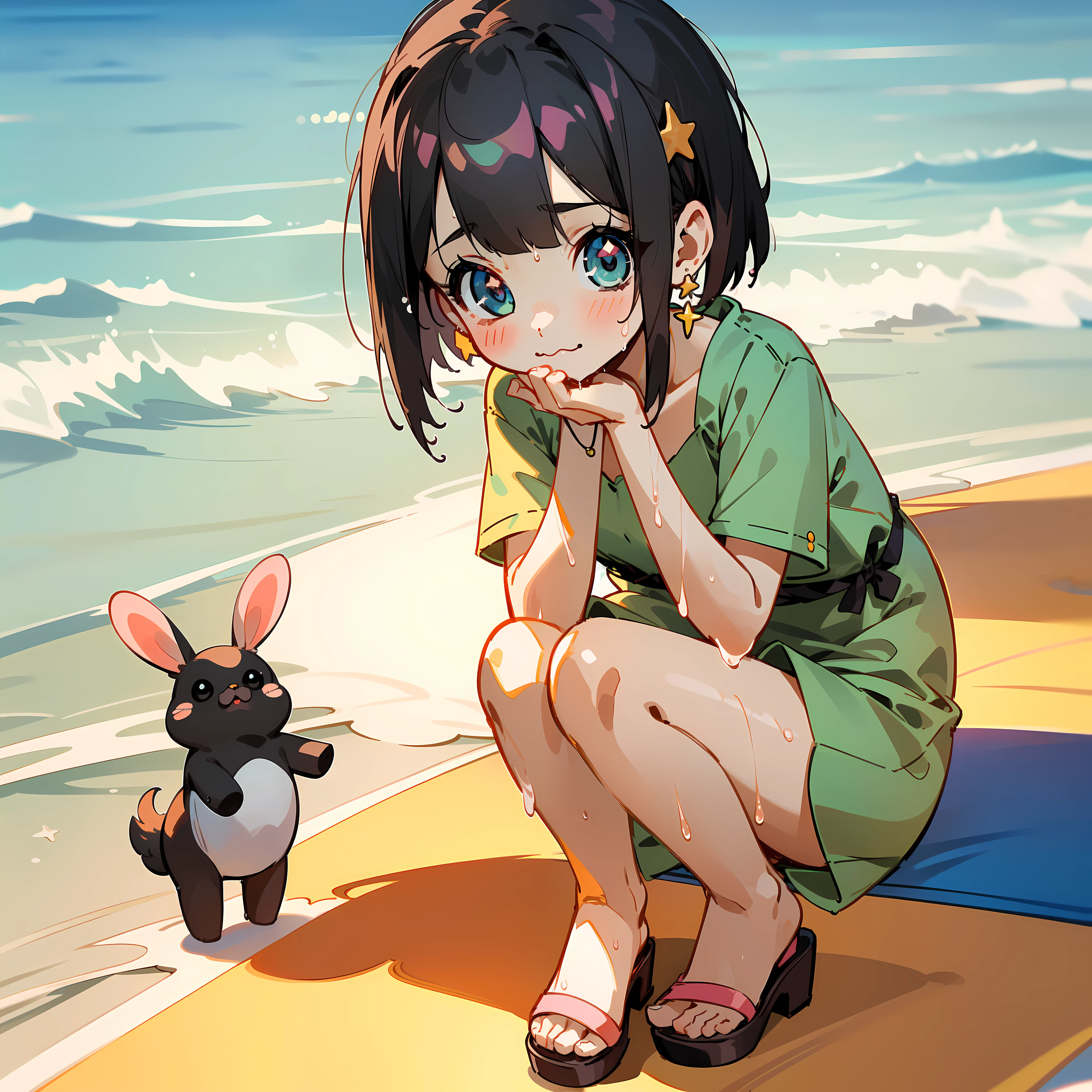(Highly detailed CG Unity 8k wallpaper), (Best Quality), (Super Detail), (Best Illustration), (Best Shadow), POV, Realistic lighting and shading, Natural light, Lens flare effect, BREAK, 1 beautiful girl, Solo,(Cute:1.5),(Chibi:0.8), (kawaii:1.5),(Lori:0.5), BREAK, ((girl, Cute, Cheerful, Loli face, slightly bulging chest,(A dark-haired,Disheveled short bob,tareme:1.2), gleaming skin, Stuffed rabbit,BREAK,(Wet Casual Beachwear:1.2), (lightweight summer one-piece dress:1.2), (White rabbit ear headband:1.0), (flipflops:1.0), (star-shaped earring:1.1), (Cute Accessories:1.3), (A surprised face to see my sister who is falling,The face is pale, Staring ,Empty mouth:1.1), (Crouching Pose, Putting your right hand over your mouth:1.3), (Beach background:1.3),🌄