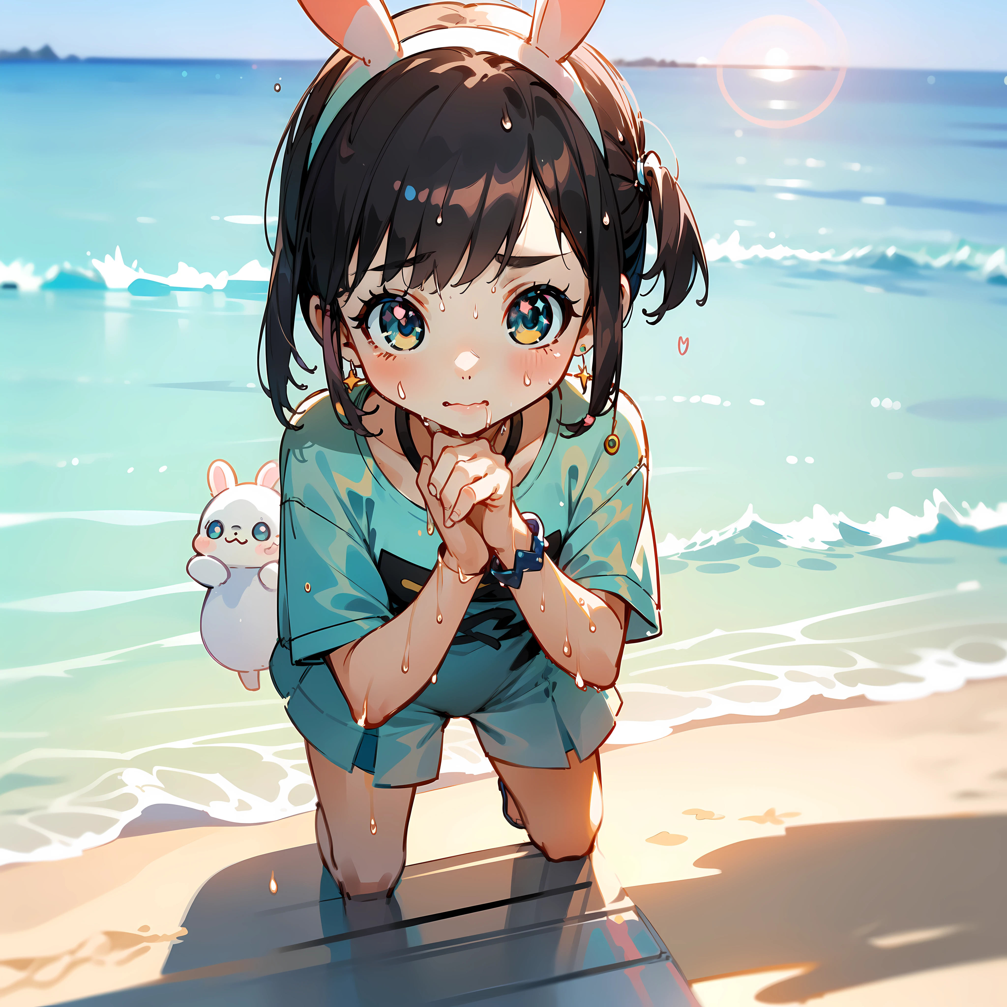 (Highly detailed CG Unity 8k wallpaper), (Best Quality), (Super Detail), (Best Illustration), (Best Shadow), POV, Realistic lighting and shading, Natural light, Lens flare effect, BREAK, 1 beautiful girl, Solo,(Cute:1.5),(Chibi:0.8), (kawaii:1.5),(Lori:0.5), BREAK, ((girl, Cute, Cheerful, Loli face, slightly bulging chest,(A dark-haired,Disheveled short bob,tareme:1.2), gleaming skin, Stuffed rabbit,BREAK,(Wet Casual Beachwear:1.2), (lightweight summer one-piece dress:1.2), (White rabbit ear headband:1.0), (flipflops:1.0), (star-shaped earring:1.1), (Cute Accessories:1.3), (A surprised face to see my sister who is falling,The face is pale, Staring ,Empty mouth:1.1), (Crouching Pose, Putting your right hand over your mouth:1.3), (Beach background:1.3),🌄