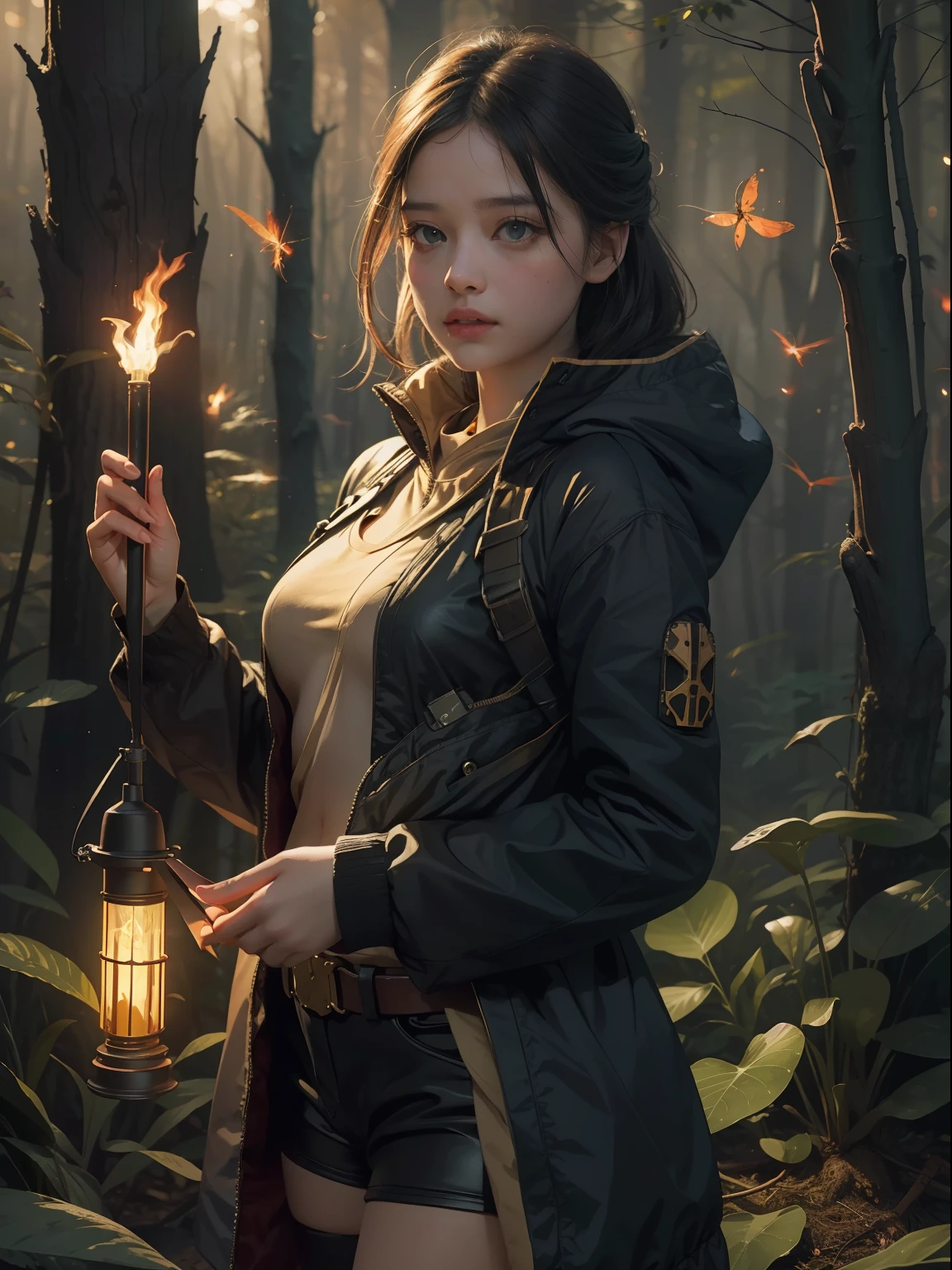 1girl, solo, official art, unity 8k wallpaper, ultra detailed, beautiful and aesthetic, masterpiece, best quality, photorealistic, glowworm, in the wood of (firefly:1.3), bonfire, dark theme