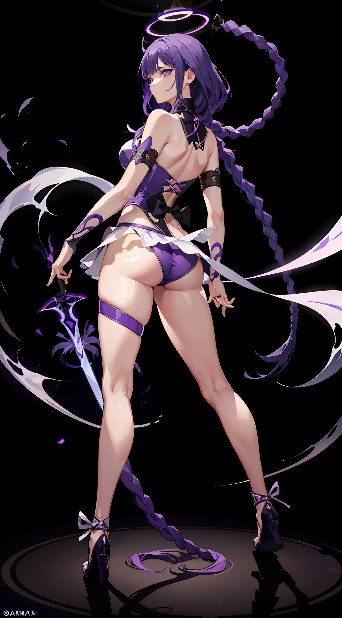 Full body like，Raiden general，（Pull the knife），Purple colored hair，Cannabis braids，Purple eye，The dynamics of the dance，Shock force，twirl，twirl，Cannabis braids，Bare back，Disdainful expression，swing the sword，Raiden general，Genshin style，Raiden general，（（Black heels）），RGB strip light，Background thunder，Electro-optic effect，raiden，salama，the original god，Gorgeous Hair in Long Purple