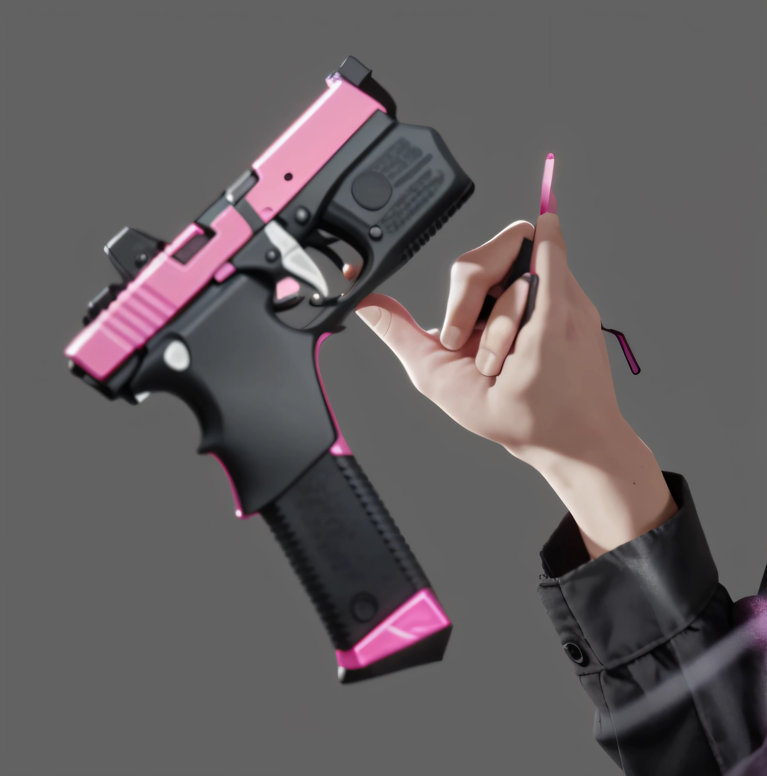 Pink and black pistols, pink, black, small guns, bloom, ((cold light)), sharp focus, photo realistic, detailed skin, background out of focus, cinematic composition , ultra-detailed, realistic , hyper-realistic , volumetric lighting, 8k, trending on artstation