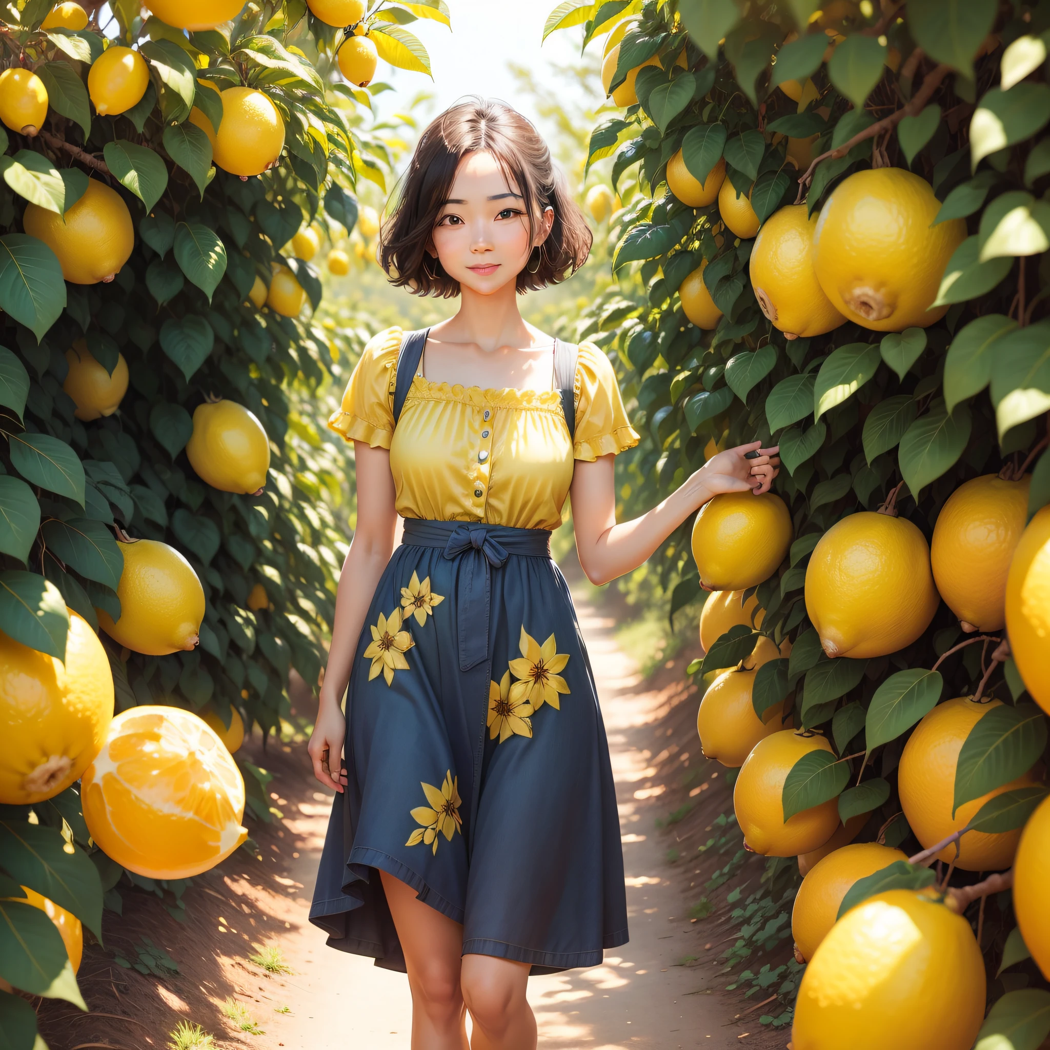 Meet a woman who radiates freshness and enthusiasm, dresses in lemon-inspired clothes, as she explores a sunlit citrus orchard. The golden tones of the lemons reflect their vibrant spirit in this cheerful and charming environment.