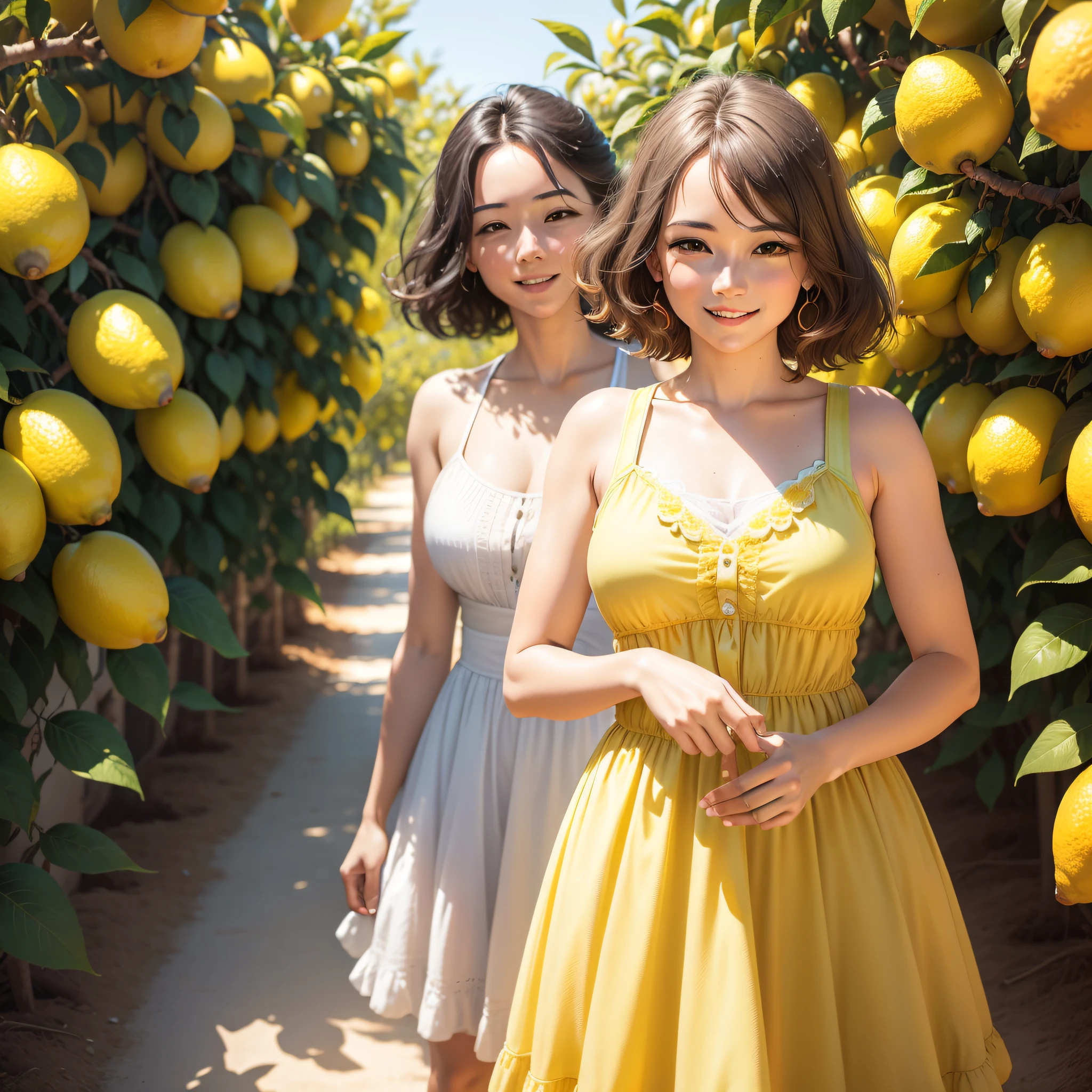 Meet a woman who radiates freshness and enthusiasm, dresses in lemon-inspired clothes, as she explores a sunlit citrus orchard. The golden tones of the lemons reflect their vibrant spirit in this cheerful and charming environment.