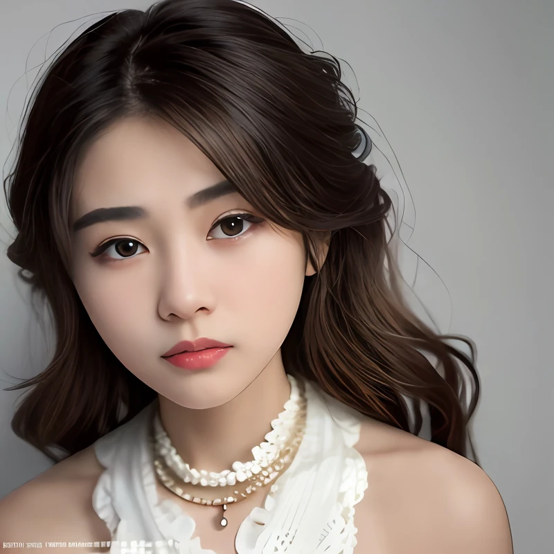 a close up of a woman with a necklace on her neck, 19-year-old girl, gorgeous chinese models, cute delicate face, She has a cute face, she is about 2 0 years old, she is about 20 years old, with very thin lips, 8K)), she is about 1 6 years old, xintong chen