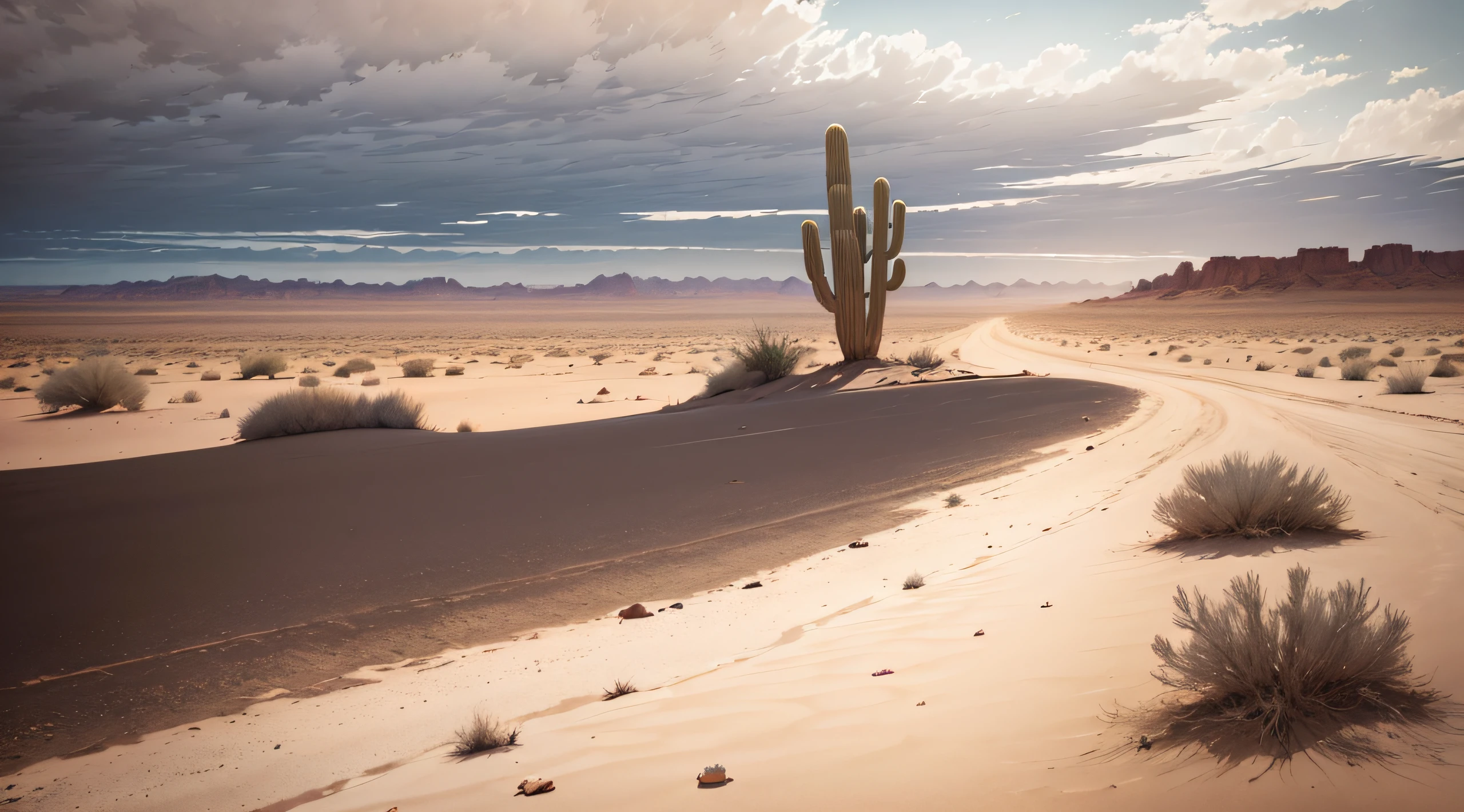 An endless empty and desolate desert，Dry and cracked bark，Gray sky，Sporadic tumbleweeds，Bleak breath --auto