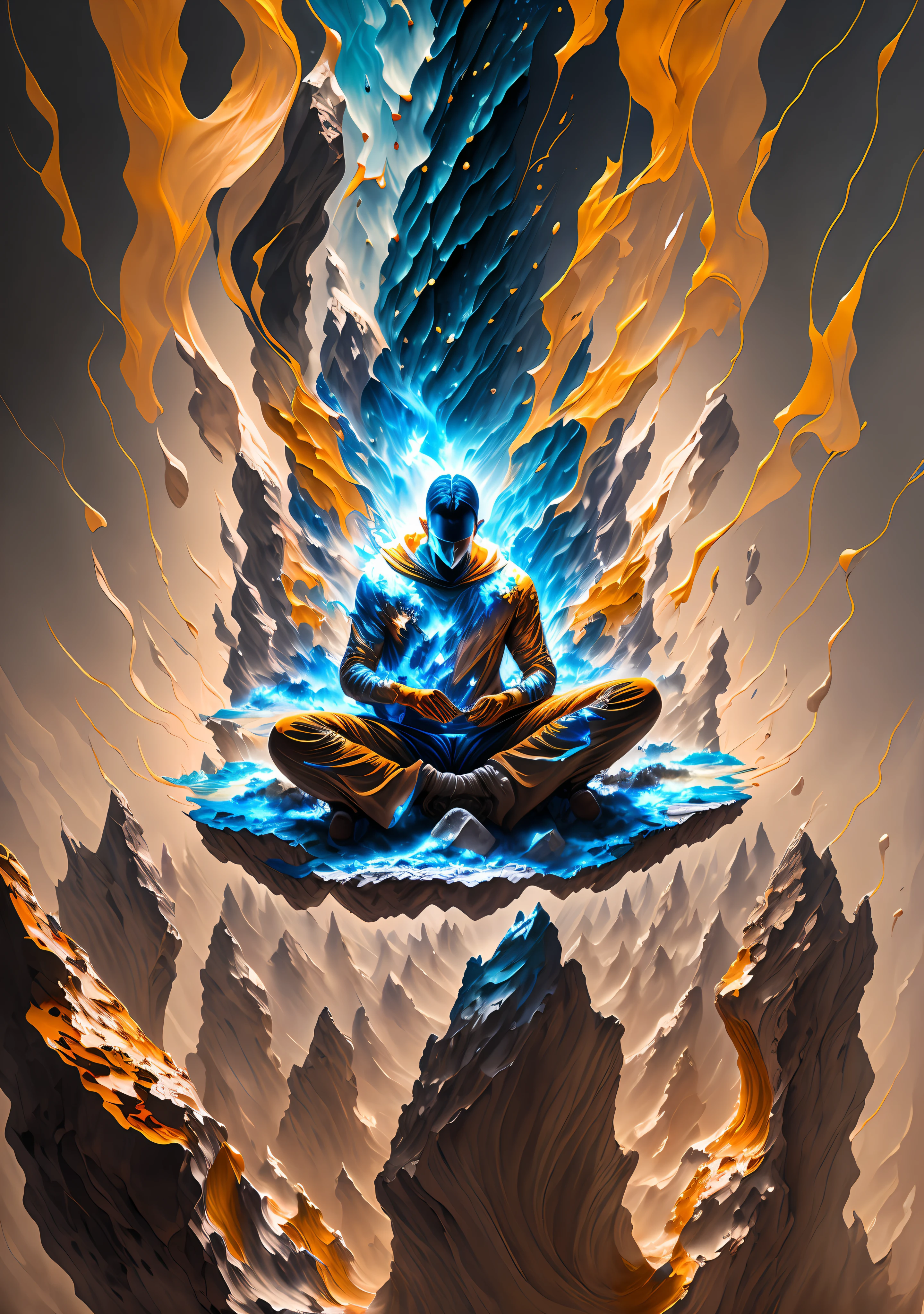 Awakened man sitting meditation in 5th dimension world,  climbing the asteroid,  character render, ultra high quality model, ethereal background, abstract beauty, explosive volumetric, oil painting, heavy strokes, paint dripping, 1 man, magic lighting, enlightenment lighting,