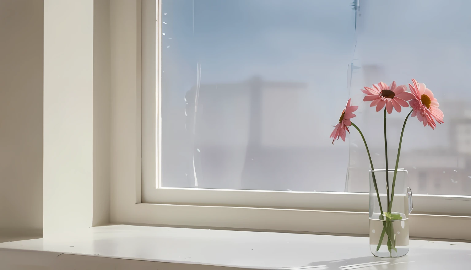 In a vase on the windowsill, natural window lighting, windowsill, rainy and gloomy atmosphere, Condensation, sliding glass windows,  looks out the window