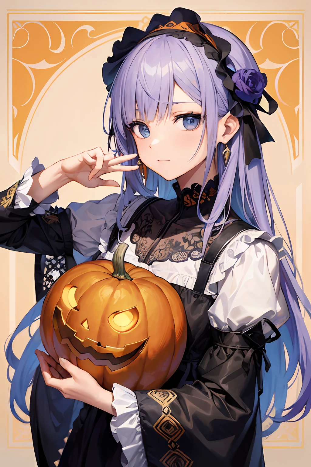 retrato facial de uma mulher europeia,with headband, Drawing of a creepy background pumpkin, (Halloween) cabelos longos e encaracolados, loiro, moldura floral, decorative panels, abstract art, de Alphonse Mucha (obra-prima, melhor qualidade, alta resolução: 1.4), detalhado, detalhes intrincados, 4K, salpicos de cores, arte de linha, fibonacci ,