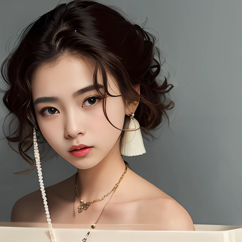 a close up of a woman with a necklace on her neck, 19-year-old girl, gorgeous chinese models, cute delicate face, She has a cute face, she is about 2 0 years old, she is about 20 years old, with very thin lips, 8K)), she is about 1 , xintong chen