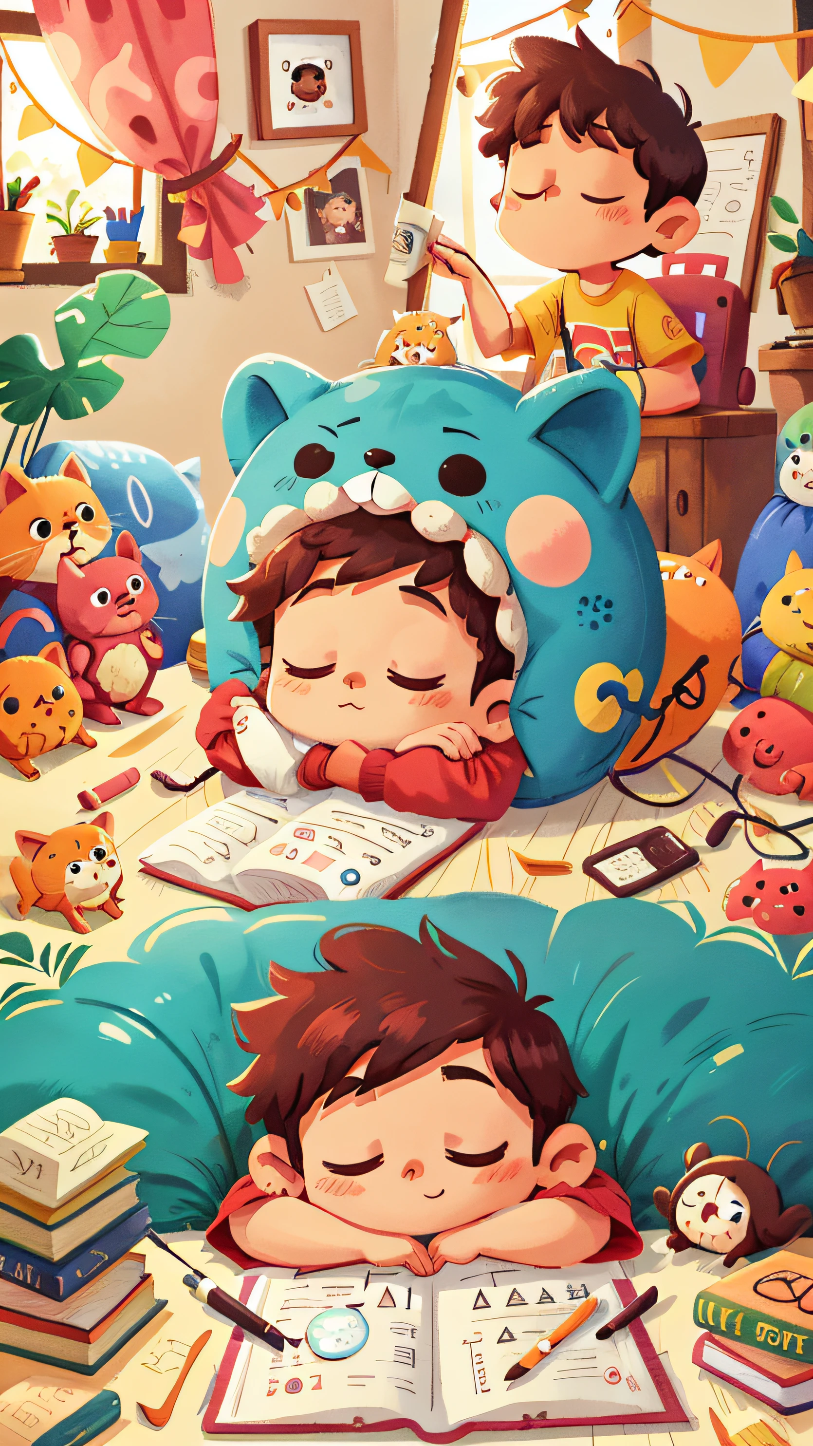 [Illustration of Benji sleeping peacefully in his house]
On the last page, Benji is lying in his house, com um sorriso no rosto. Ele adormece sabendo que, com coragem e apoio, pode enfrentar qualquer coisa.