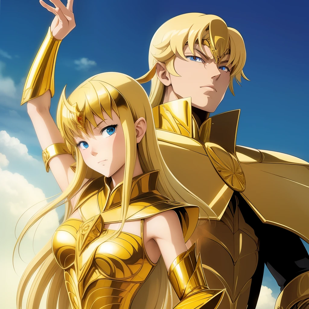 ((Shaka)), anime, 1 man versus 1 girl in action , ambiente templo grego, particuls, jogo de luzes