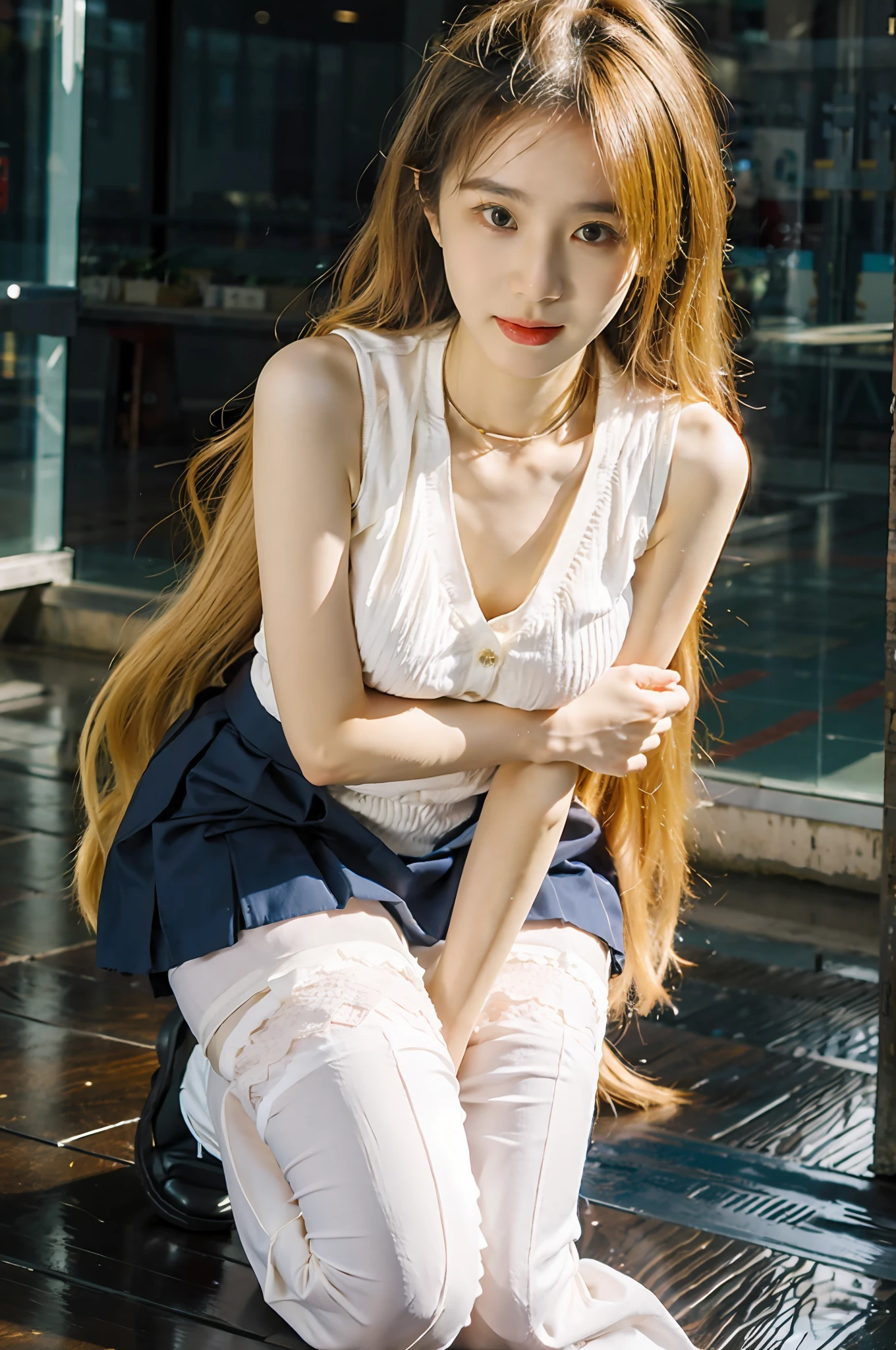 best qualtiy,tmasterpiece,超高分辨率,(realisticlying:1.4),Teenage girl,Juvenile,Thin and light, 1个Giant Breast Girl,Kneel,Feeling cold,Clear suspenders,Leg straps,short skirt,(long white hair)