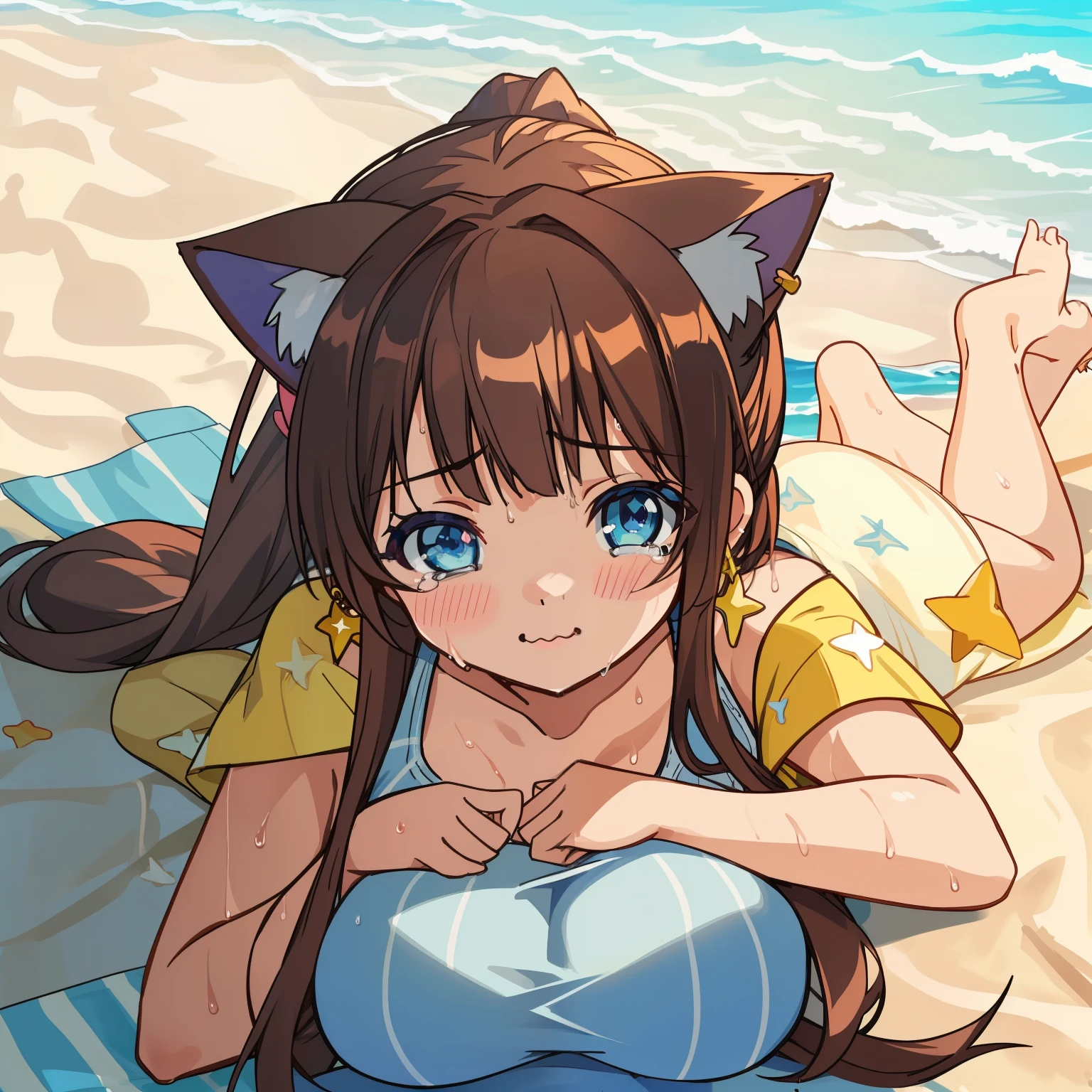 (Highly detailed CG Unity 8k wallpaper), (Best Quality), (Super Detail), (Best Illustration), (Best Shadow), POV, Realistic lighting and shading, Natural light, Lens flare effect, BREAK, 1 beautiful girl, Solo,(Cute:1.5),(Chibi:0.8), (kawaii:1.5),(Lori:0.5), BREAK, ( ( girl), Very detailed, colourfull, highest details, BREAK, (Huge breasts: 1. 2,), Clear skin, Beautiful skin, Shy skin, 1 beautiful girl, Brown hair, (Cat ears, Ponytail, medium-Long hair: 1. 2), (Light blue eyes, long eyelashes, Double eyelids: 1. 2), Solo, gleaming skin, BREAK,(Wet Casual Beachwear:1.2), (lightweight summer one-piece dress:1.2), (a straw fedora hat:1.0), (flipflops:1.0), (star-shaped earring:1.1), (Lace headband:1.0), (Cute Accessories:1.3), (Tears,Grimace,Face with pain:1.1), (Falling and lying face down:1.3), (Beach background:1.3), (Angle from above:1.1), BREAK,🌇,