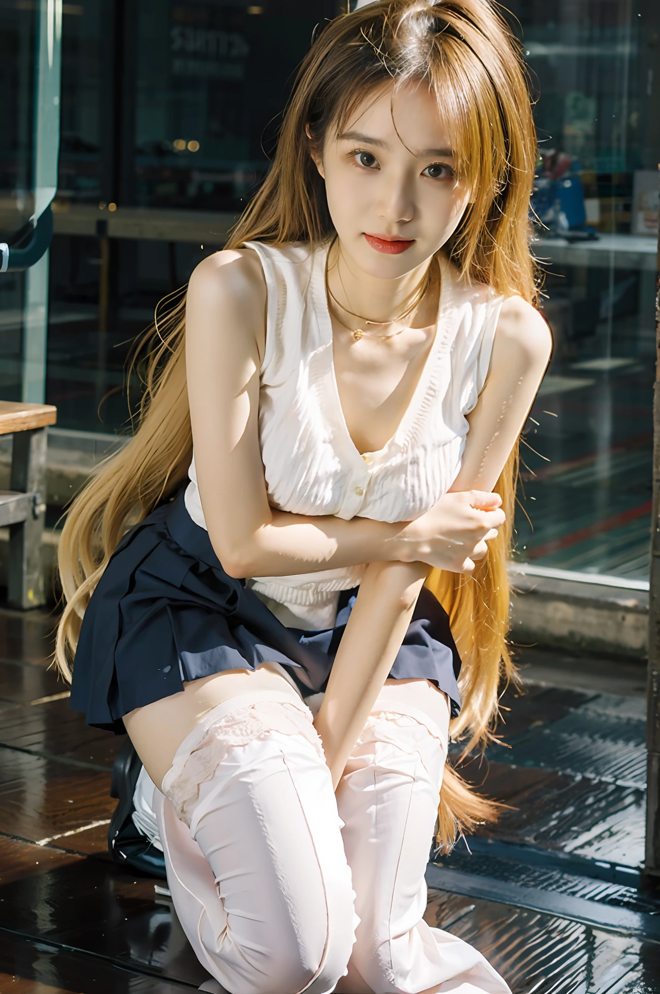 best qualtiy，tmasterpiece，超高分辨率，（realisticlying：1.4），Teenage girl，Juvenile，Thin and light, 1个Giant Breast Girl，Kneel，Feeling cold，Clear suspenders，Leg straps，short  skirt，（long  white hair）