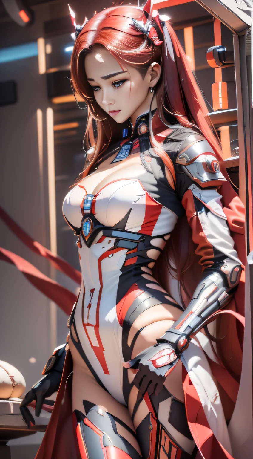 Highest image quality，Outstanding details，超高分辨率，（Fidelity：1.4），The best illustration，Favor the details，closeup cleavage，A mech girl，He has a delicate and beautiful face，（（Red and white semi-mechanical body：1.8）），Raised sexy，frontage，cyber punk perssonage，Futuristic，mechanically aesthetic，Complex machinery，The background is a high-tech lighting scene in the future city，Virtual Engine 5，Perfect detail rendering，rendering by octane，hyper HD