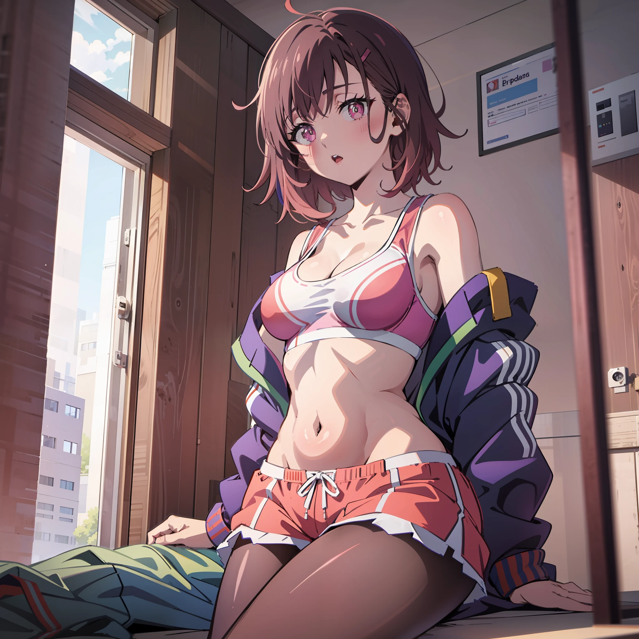 mikazuki shizuka, Masterpiece, best quality,ultra-detailed,1girl, beautiful, pink sport bra, pink shorts, look out the window, detailed eyes, detailed face, short Brown hair with a pink streak, medium breasts, Looking out a window in a tall building, black long pantyhose