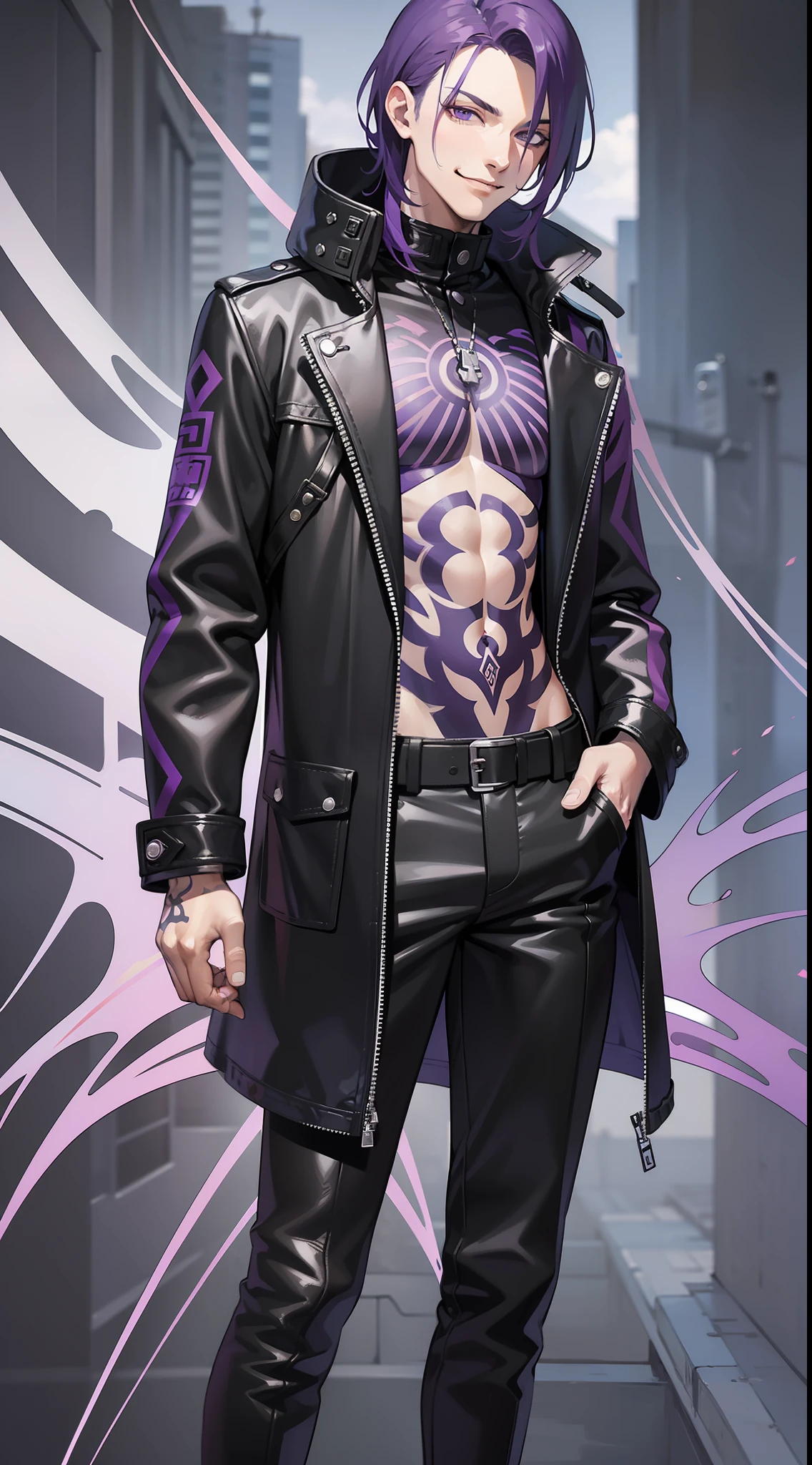 Tall guy, medium-length purple hair, violet eyes, Black leather raincoat, pants, tattoos on body, smirk, Masterpiece, hiquality