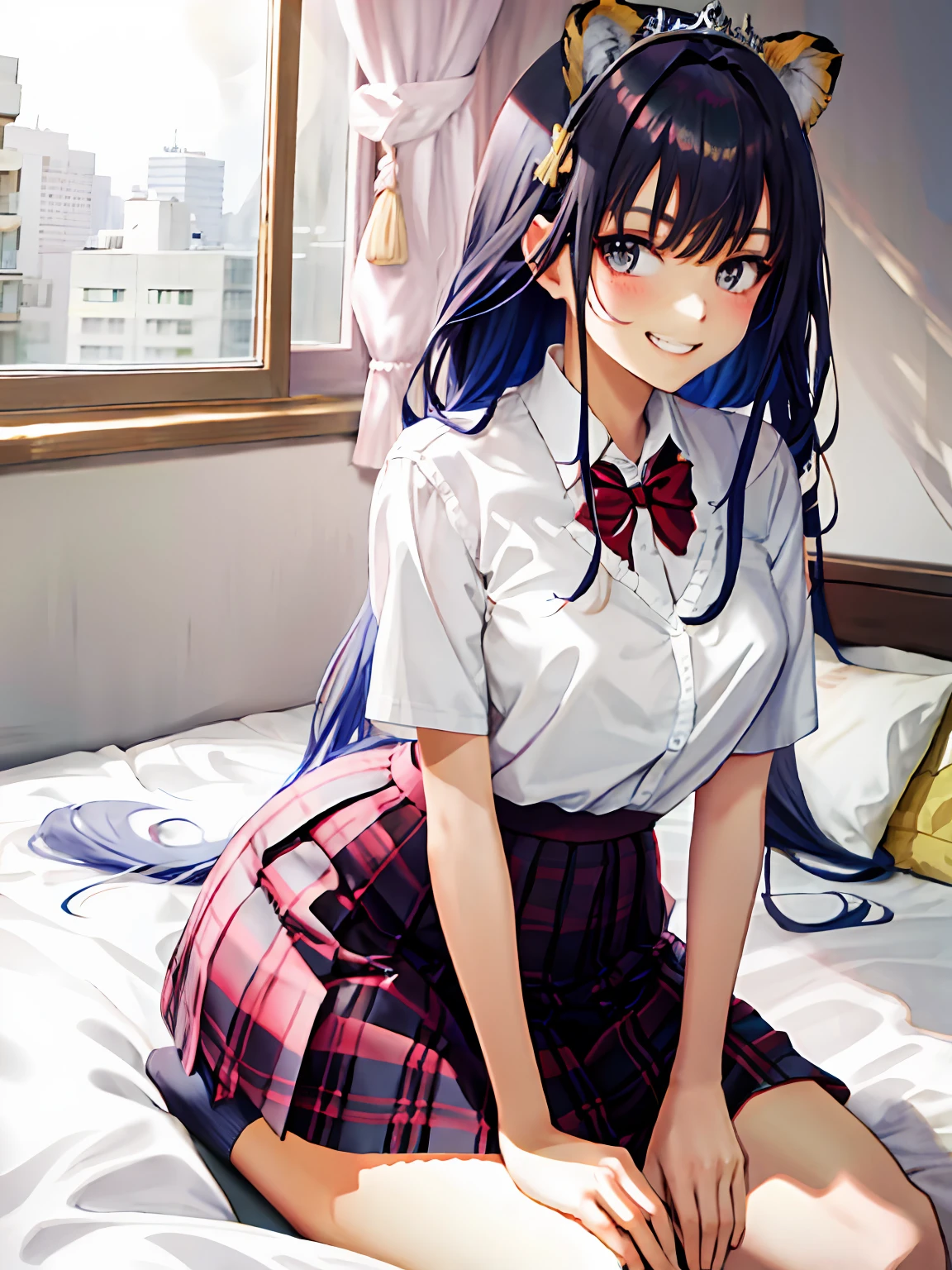 Lazy，White hair，1girll，Solo，tmasterpiece，Top image quality，is shy，sobu，Sit on the bed，Dull hair，JK school uniform，adolable，White stockings，llight rays，is shy，Blushlush，Exquisite clothing，Delicate tiara，full bodyesbian，Lori kneels，Lori huge breasts cleavage，Tiger Tooth，grin