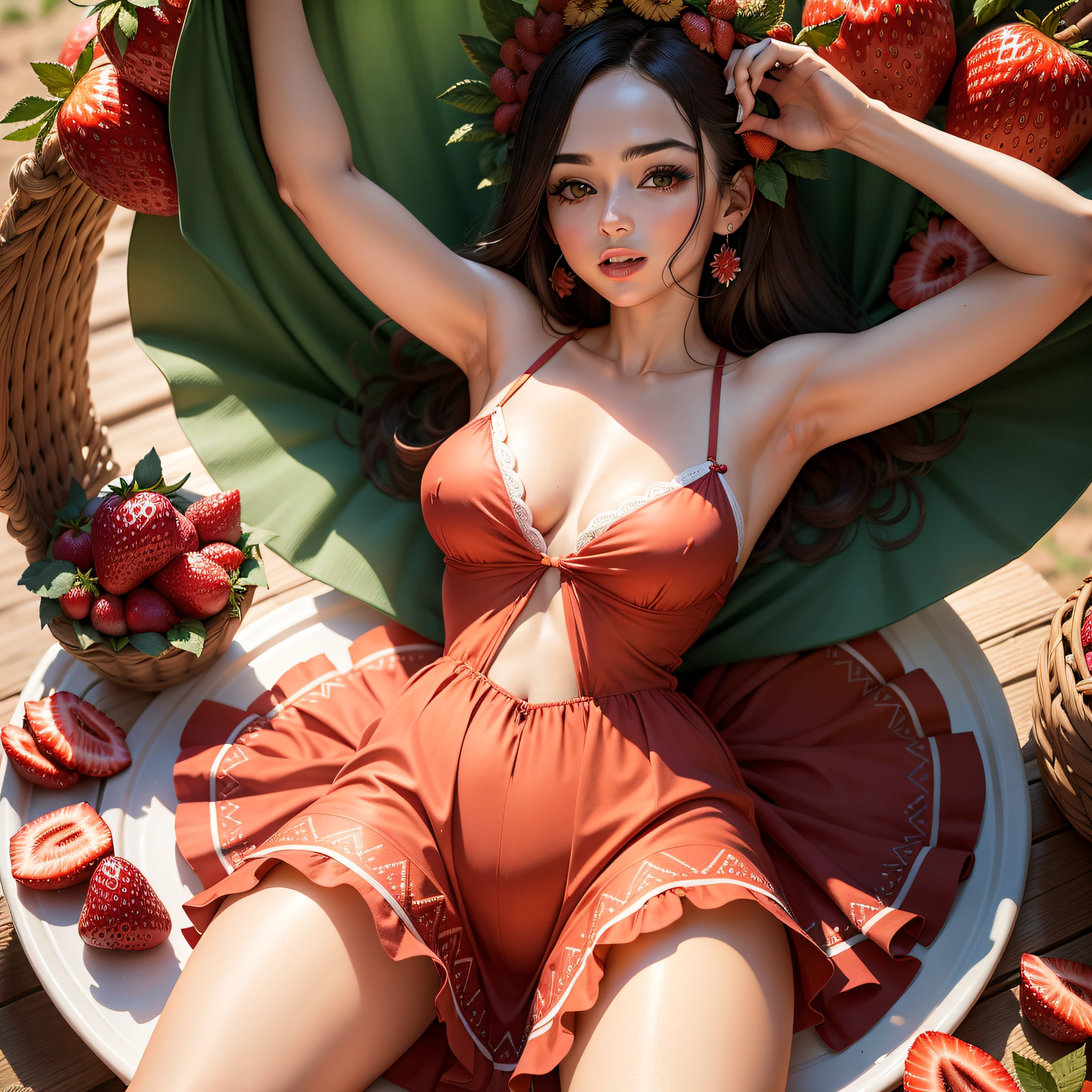 Junte-se a uma mulher alegre comemorando em meio a campos de morango, vestida com roupas alegres com tema de morango. With ripe strawberry baskets and festive decorations, This feast captures the essence of fruity joy.