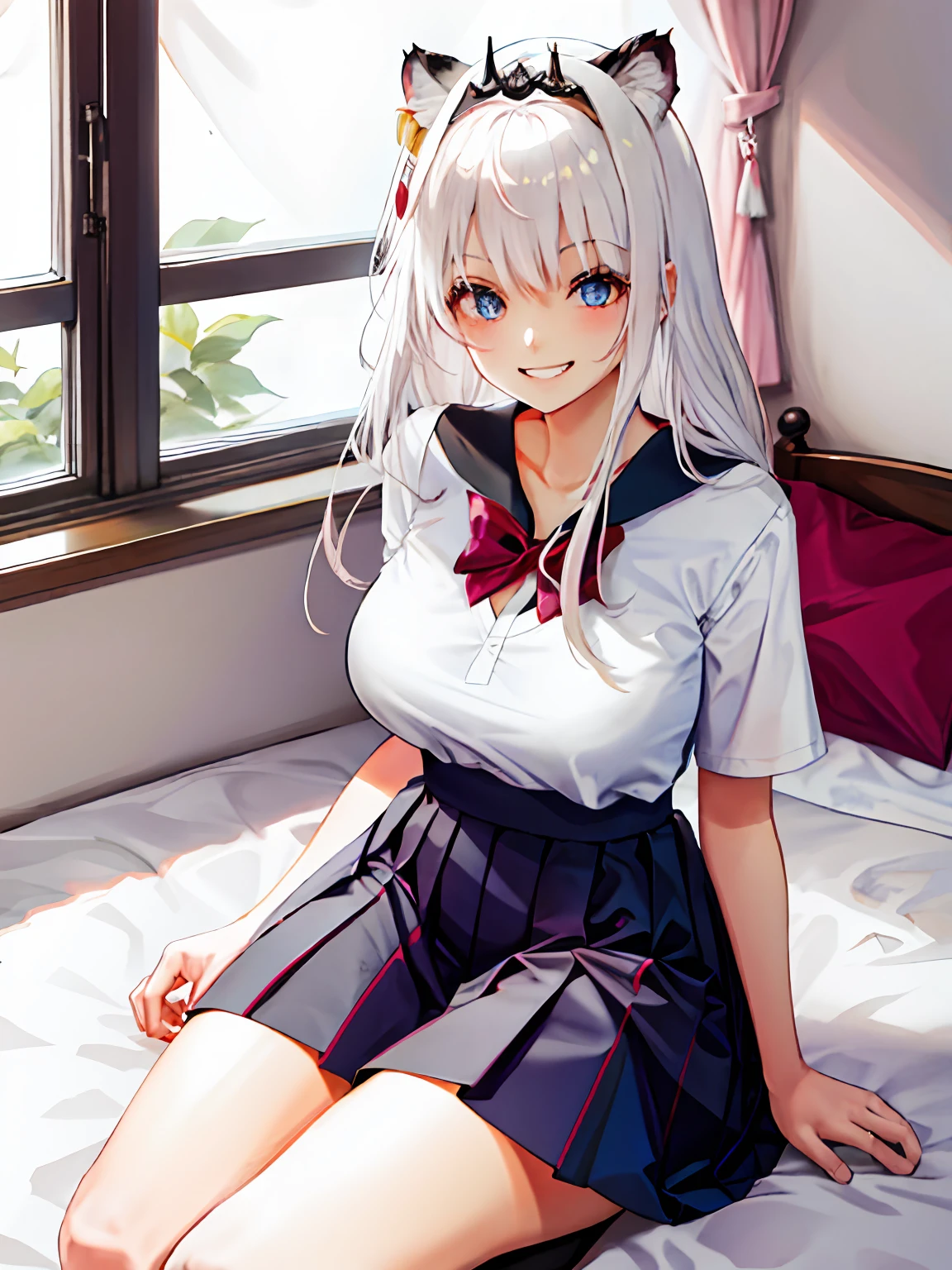 Lazy，White hair，1girll，Solo，tmasterpiece，Top image quality，is shy，sobu，Sit on the bed，Dull hair，JK school uniform，adolable，White stockings，llight rays，is shy，Blushlush，Exquisite clothing，Delicate tiara，full bodyesbian，Lori kneels，Lori huge breasts cleavage，Tiger Tooth，grin