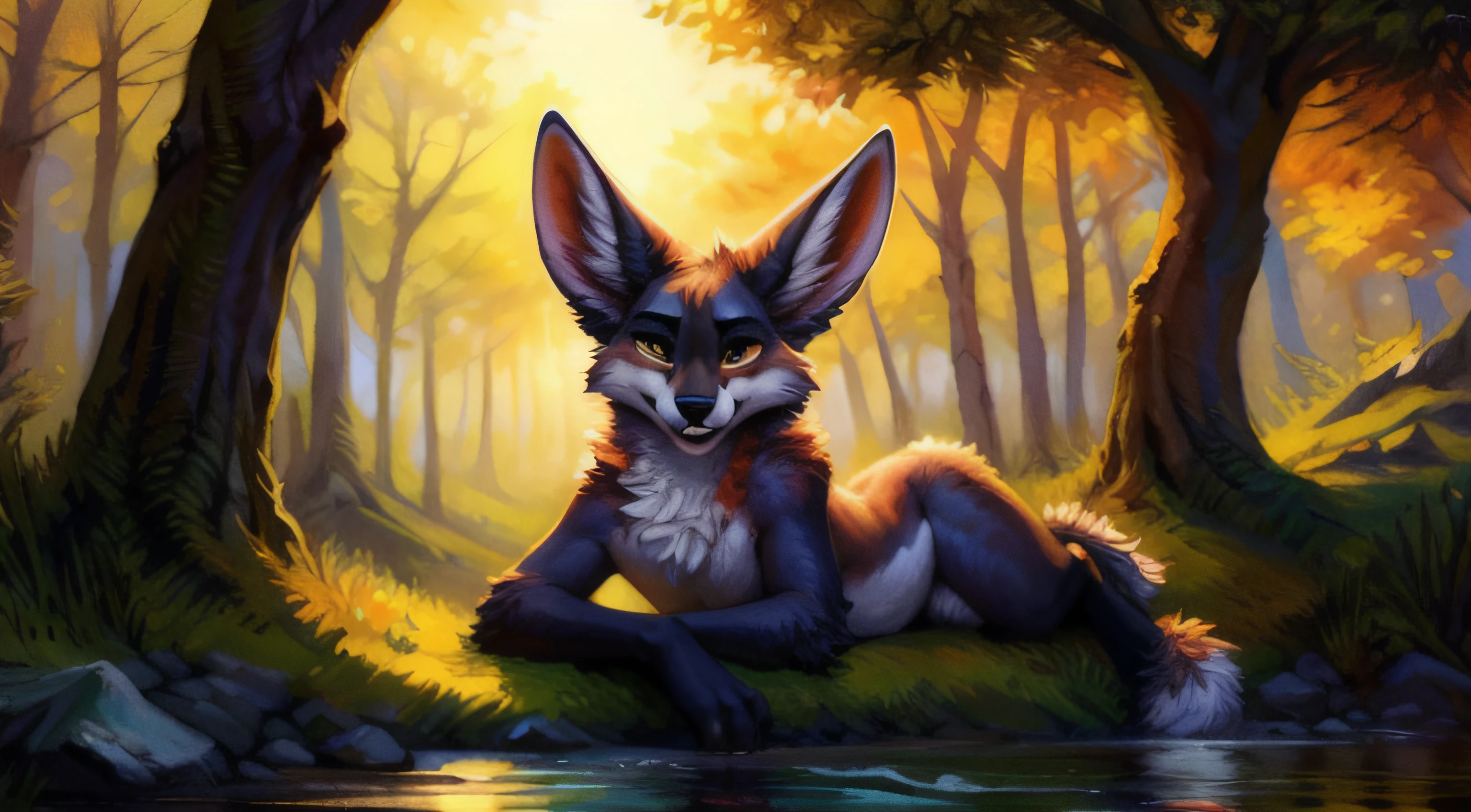 subido a e621, (por kenket, por Ross Tran, por Ruan Jia, por Foxovh) An anthropomorphic fox from Fennec (((masculino))) de (cola, pecho y cuello) esponjada, grandes manos, de ojos color ambar, con lunares cafe claro en hombros y muslos, borde de las orejas es cafe, en su cola posee 2 lunares grandes color blanco con un anillo cafe alrededor, Fursona, Looking at the camera with a mischievous look, Open Invitation, mirada picara, (In the middle of a forest with a river in the background), (detailed lighting), (cinematography lighting), [luz ambiental detallada], Fursona, ((sombra de medio cuerpo)), [luz ambiental en el vientre], [proporciones realistas], [explicit content], [foco nítido], (contenido cuestionable), (sombreado), ((obra maestra))