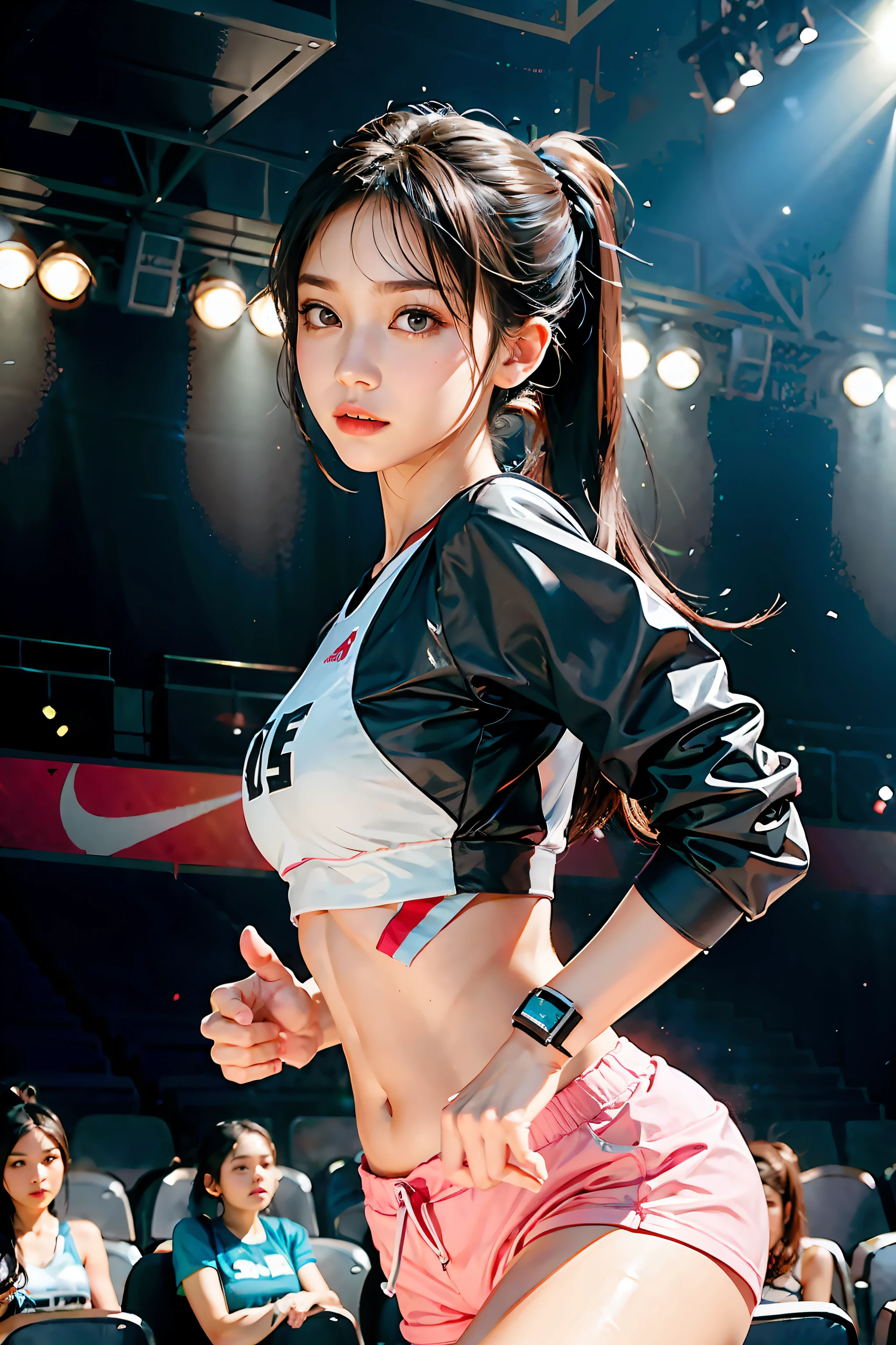 1 girl, (Face the audience:1.olo, Running, Gray Track Top,plain face ,Pink shorts, pony tails, Liuhai,Bigbletic figure,Black hair,Dynamic brushstrokes,Smooth movements,Capture the essence of her sportsmanship and energy,Light and pastel tones create a dreamy and ethereal atmosphere,Portrays the movement and elegance of running,The wind blew her ponytail and clothes,and the landscape around her。exteriors,detailed back ground,Modern metropolis,