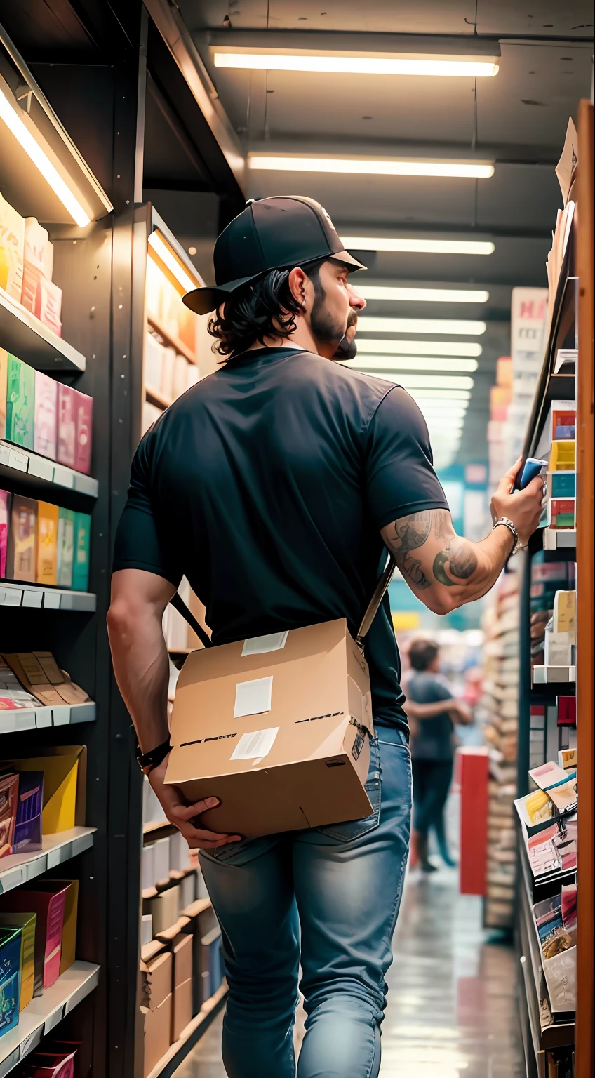 Uma pintura de um homem fazendo entrega de mercadorias ao ar livre dentro de uma cidade pouco movimentada