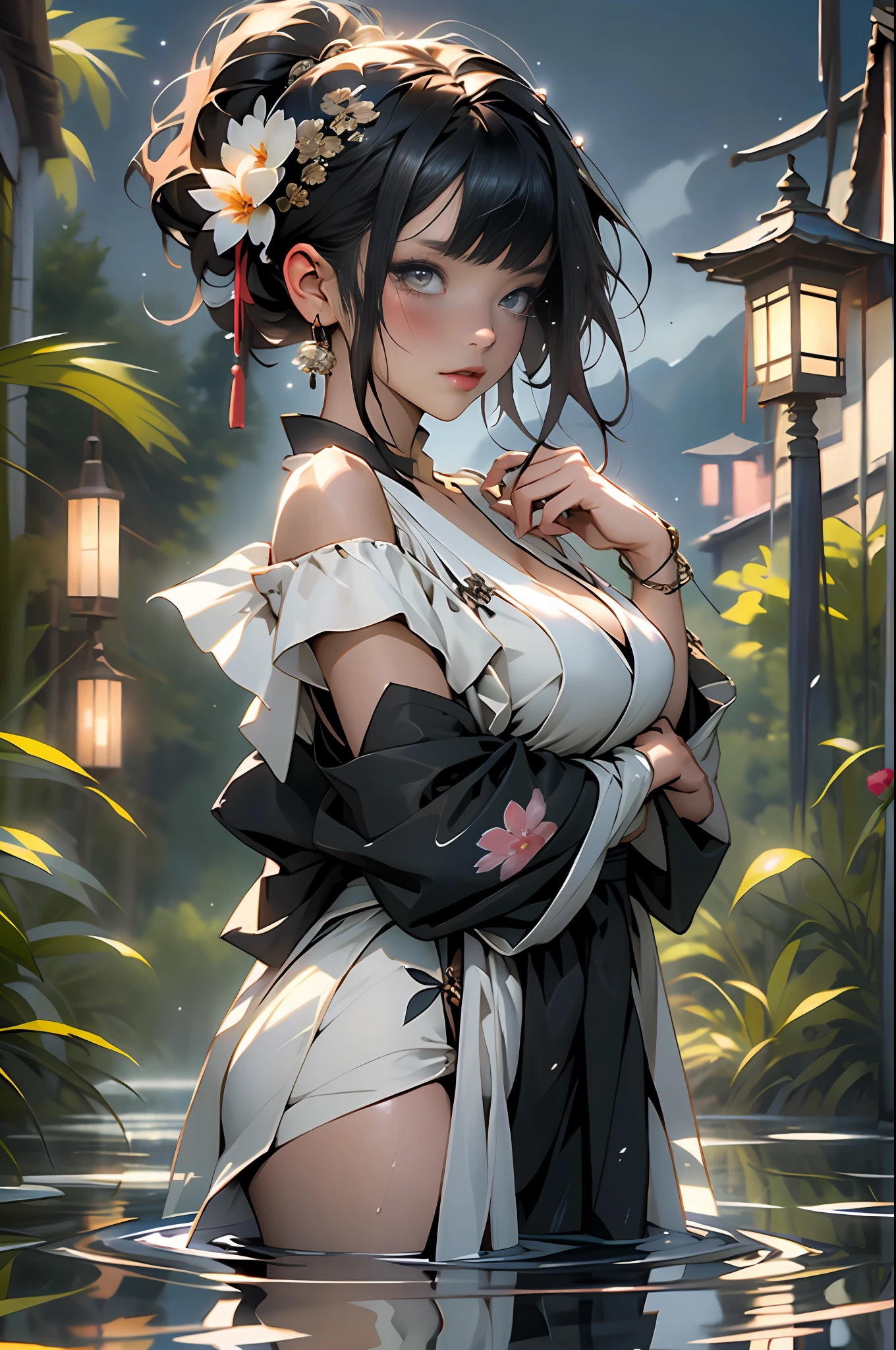 1girl, breasts, moon, lantern, night, solo, large breasts, hair ornament, wet, kimono, japanese clothes, wading, water, hair flower, flower, outdoors, sky, full moon, rain, black hair, off shoulder, mountain, cloud, holding, sash, bare shoulders, paper lantern, standing, white kimono, night sky, sideboob, obi, wet clothes, bangs, tree, from side, reflection, short hair, cloudy sky, wet hair {{(masterpiece),(extremely detailed CG unity 8k wallpaper),best quality,,solo,1girl,cinematic lighting,detailed background,beautiful detailed eyes,bright pupils, (an extremely delicate and beautiful),(Beautiful and detailed eye description)， ultra-detailed,masterpiece,}},