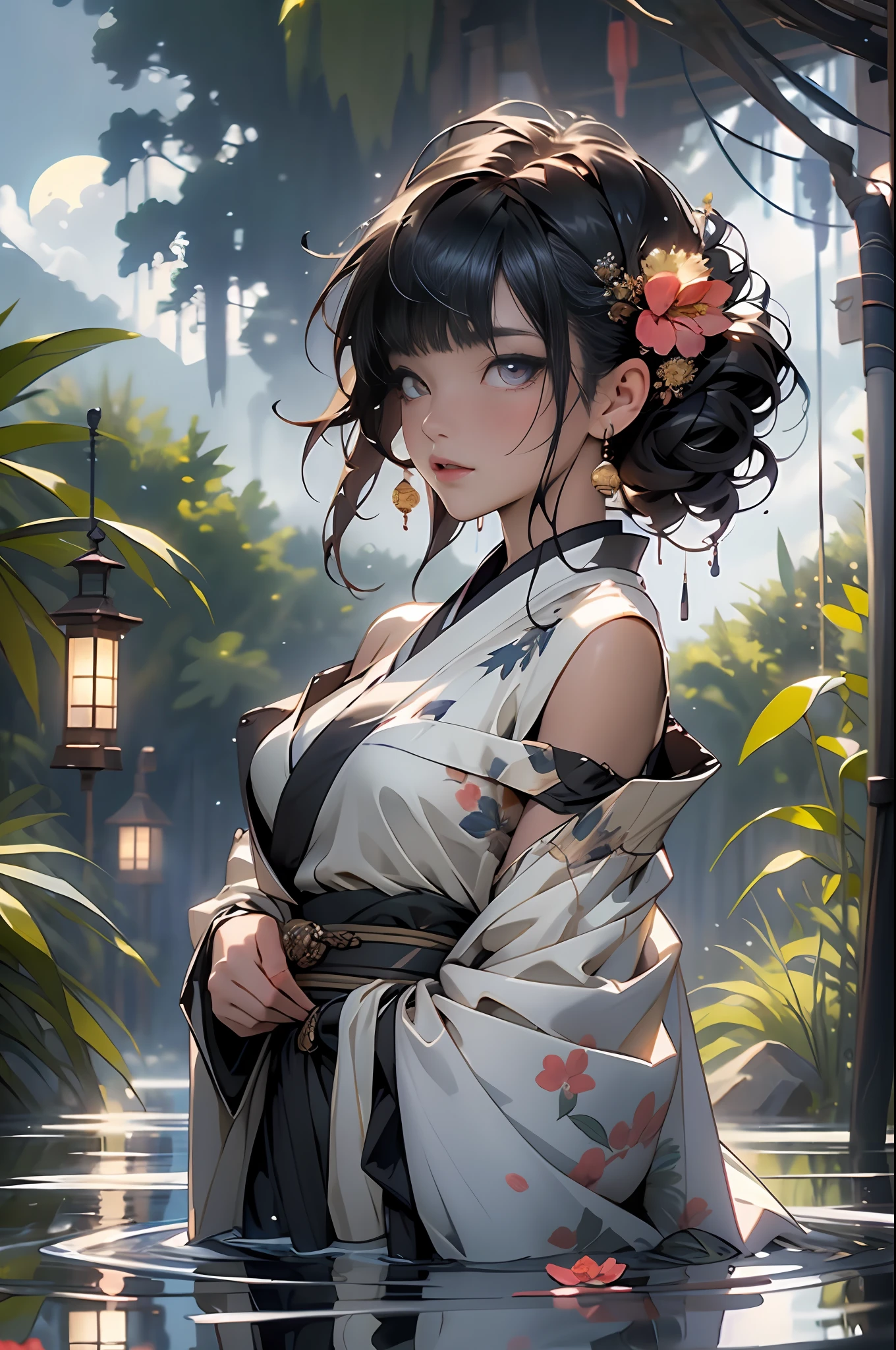 1girl, breasts, moon, lantern, night, solo, large breasts, hair ornament, wet, kimono, japanese clothes, wading, water, hair flower, flower, outdoors, sky, full moon, rain, black hair, off shoulder, mountain, cloud, holding, sash, bare shoulders, paper lantern, standing, white kimono, night sky, sideboob, obi, wet clothes, bangs, tree, from side, reflection, short hair, cloudy sky, wet hair {{(masterpiece),(extremely detailed CG unity 8k wallpaper),best quality,,solo,1girl,cinematic lighting,detailed background,beautiful detailed eyes,bright pupils, (an extremely delicate and beautiful),(Beautiful and detailed eye description)， ultra-detailed,masterpiece,}},