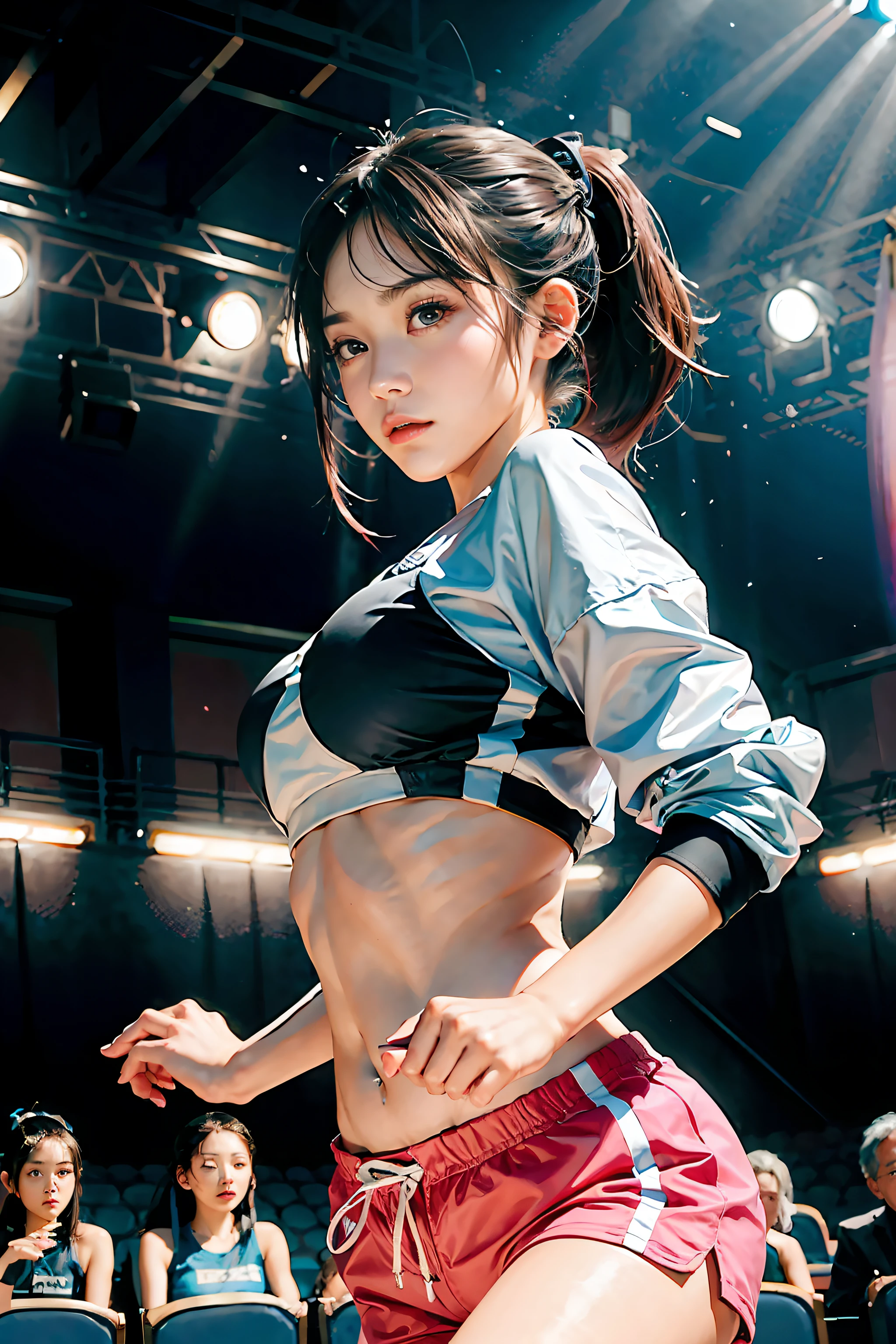 1 girl, (Face the audience:1.8),Solo, Running, Gray Track Top,plain face ,Pink shorts, pony tails, Liuhai,Bigboobs,Athletic figure,Black hair,Dynamic brushstrokes,Smooth movements,Capture the essence of her sportsmanship and energy,Light and pastel tones create a dreamy and ethereal atmosphere,Portrays the movement and elegance of running,The wind blew her ponytail and clothes,and the landscape around her。exteriors,detailed back ground,Modern metropolis,