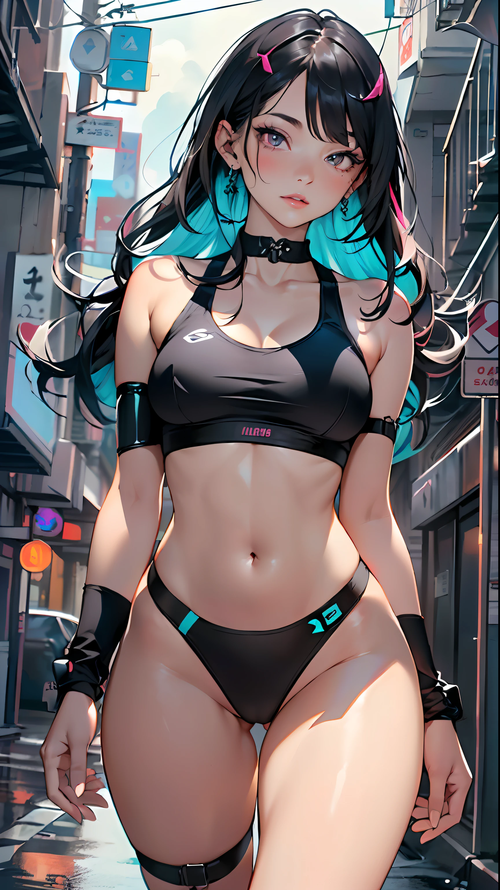 sporty girl with Asian features,(((1girl))),((anime girl with dark hair and turquoise highlights, extremely cute and beautiful walking seductively down the street)),
(large breasts:1.4),saggy breasts,(((Black hair with turquoise streaks:1.35, straight hair, long hair:1.4, colored inner hair,ear breathing))),((heterochromia, eye1 blue, eye2 turquoise, perfect eyes, upturned eyes:1.3, beautiful detailed eyes, finely detailed beautiful eyes:1, big highlight on eyes:1.2, slanted eyes)), ((fat)),(((lustrous skin:1.5,bright skin: 1.5,skin tanned,shiny skin,very shiny skin,shiny body,plastic glitter skin,exaggerated shiny skin))),(spider lower abdomen,narrow waist,wide hip,athletic body,inflated legs,delicate detailed fingers,detailed body,detailed arms,human hands, detailed hands),
cute,slutty,seductive,erotic,nsfw,
zettai ryouiki,revealing clothing,show skin,((((underboob)))),(((small magenta sports bra, sport thong,visible thong straps))),(wearing a sport outfit:1.3,sport clothes,semi-naked,with little clothing,),(detailed outfit,detailed clothes),
(dynamic pose:1.0), embarrassed, centered, scale to fit dimensions, Rule of thirds,
outdoors, ((night view)), (cyberpunk night street Background: 1.5,dark sky,alleyway,lonely alley,thick clouds, detailed background:1.25),
(best quality), (high resolution), (sharp focus), (ultra detailed), (extremely detailed), (extremely high quality artwork), 8k_wallpaper, (extremely detailed CG 8k),(very fine 8K CG), ((hyper super ultra detailed perfect piece)), flawless, (((masterpiece))), illustration, vibrant colors, (intricate), High contrast, Selective lighting, Double exposure, HDR (High Dynamic Range), Post-processing, Background blur,