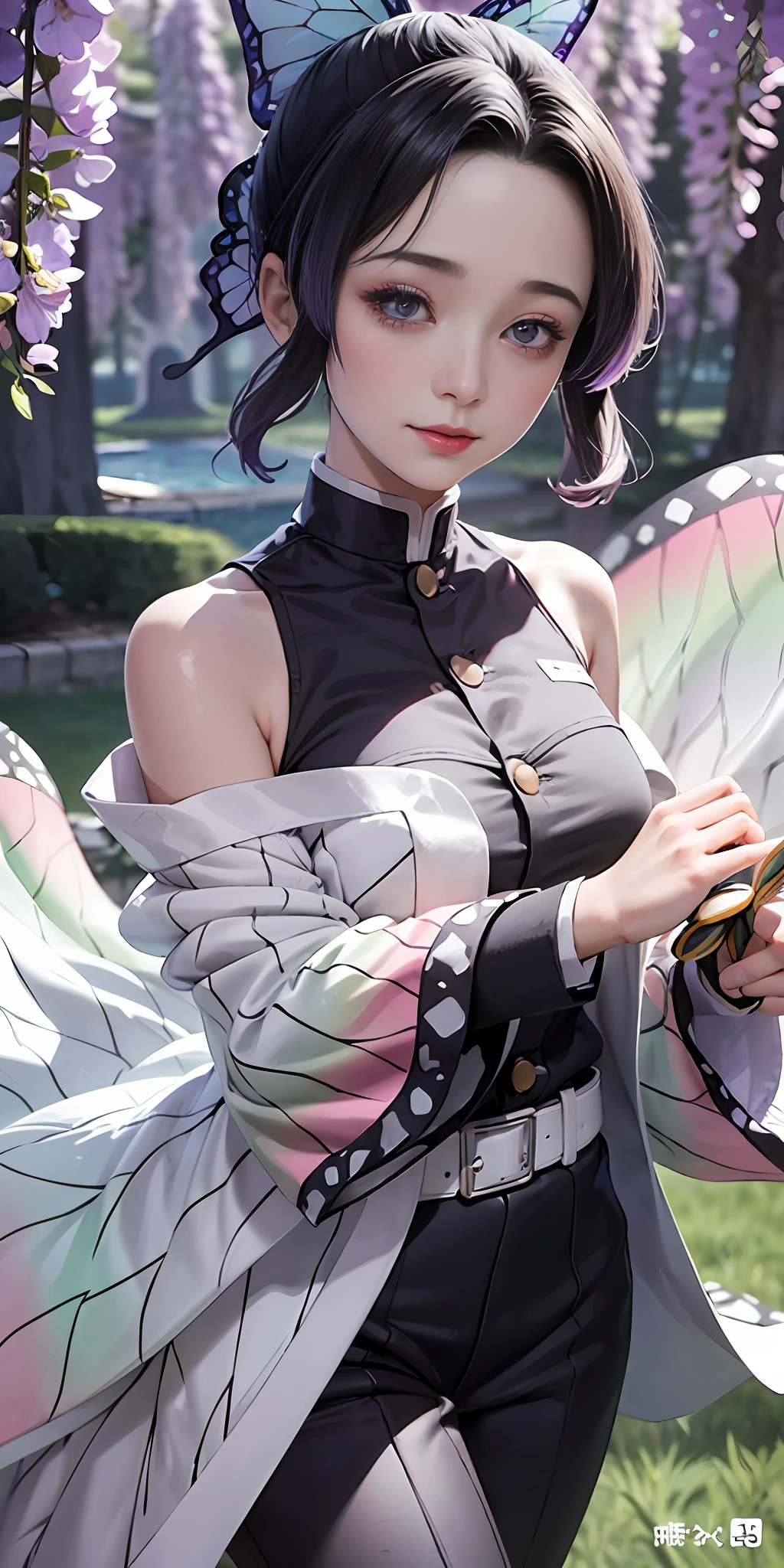 Shinobu Kosai,Ultra-realistic 8K CG,tmasterpiece,((Ultra detailed backgrounds,delicate patterns,Complicated details)),Best quality at best,very vey very detailed face,very detailed eyes and faces,Very detailed eyes,Kochou Shinobu,O cabelo multicolorido,No bangs,hair intakes,Purple eye,Forehead,Black shirt,Black pantsuit,haori,butterflys,Button,obi strip,(trpical garden:1.2),purple flower,tchibi,mostly cloudy sky,rays of sunshine,Tyndall effect,Gradient_sky,the face,beautiful sky,Saber on the waist,captivating posture,1girll, Solo, full bodyesbian, (Masterpiece:1.21), (Best quality:1.2), Colorful, (illustration:1.2), (Cinematic lighting:1.1), (Bare shoulders:1.21), (鎖骨:1.21) In this whimsical and fantastic garden,The scene is rainbowed(colorful fireflies)illuminate,dance through the air。soft(Drizzle)Decorate the garden,It creates a hazy and ethereal atmosphere。In the center of the screen,There was a single teenage girl standing,Extremely delicate girl,Lovely facial features,The expression is innocent。Her long hair fluttered in the wind。She wears an ultra-low-cut strapless dress,Highlight her delicate curves。The lighting is very delicate and beautiful,Creates a soft and warm glow,Highlights the surface of the water,making it sparkle like diamonds。The finest grass is also illuminated,Create a lush carpet。The garden is surrounded by colorful fields of flowers,Flowers of all colors and shapes bloom。Various colors and sizes can be seen(Colorful butterflies)Fly around the scene,It adds to the overall sense of wonder and magic。 (Gentlemen),A flush is visible at the bridge of the nose,The mouth opened slightly,It also adds to the overall sense of innocence and youthfulness。Falling petals can be seen floating around her,It adds to the overall romance and beauty。A gentle breeze,The leaves rustle,Flowers sway,Adds to the overall dynamism and vitality。It is a scene of pure wonder and magic,Full of color and beauty,Viewers can lose themselves in this fascinating and fascinating w
