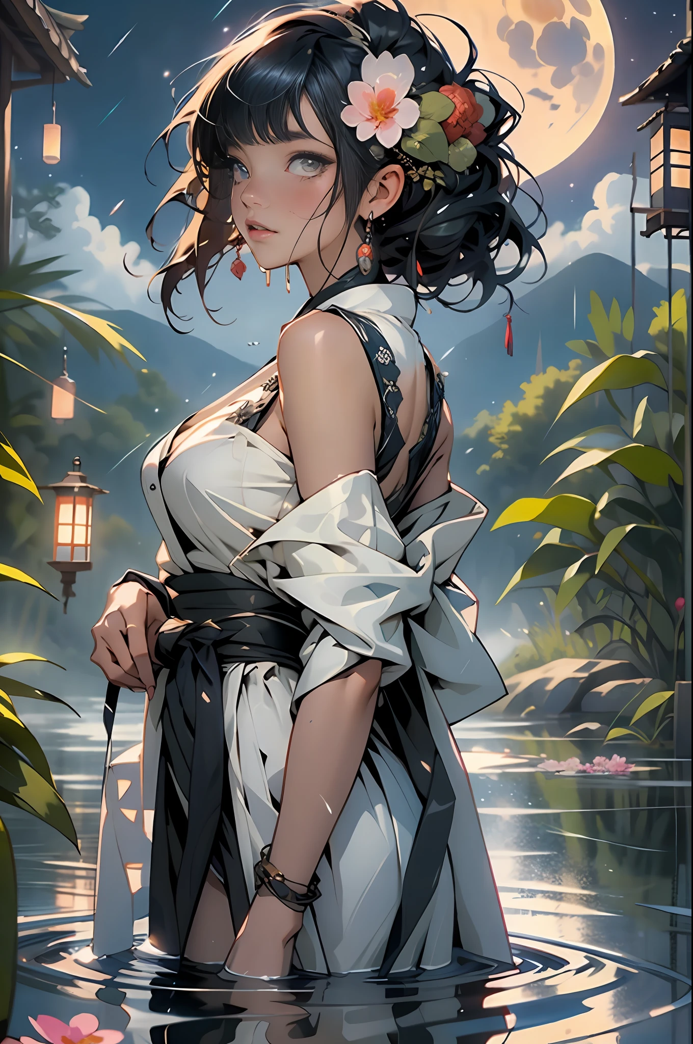 1girl, breasts, moon, lantern, night, solo, large breasts, hair ornament, wet, kimono, japanese clothes, wading, water, hair flower, flower, outdoors, sky, full moon, rain, black hair, off shoulder, mountain, cloud, holding, sash, bare shoulders, paper lantern, standing, white kimono, night sky, sideboob, obi, wet clothes, bangs, tree, from side, reflection, short hair, cloudy sky, wet hair {{(masterpiece),(extremely detailed CG unity 8k wallpaper),best quality,,solo,1girl,cinematic lighting,detailed background,beautiful detailed eyes,bright pupils, (an extremely delicate and beautiful),(Beautiful and detailed eye description)， ultra-detailed,masterpiece,}},