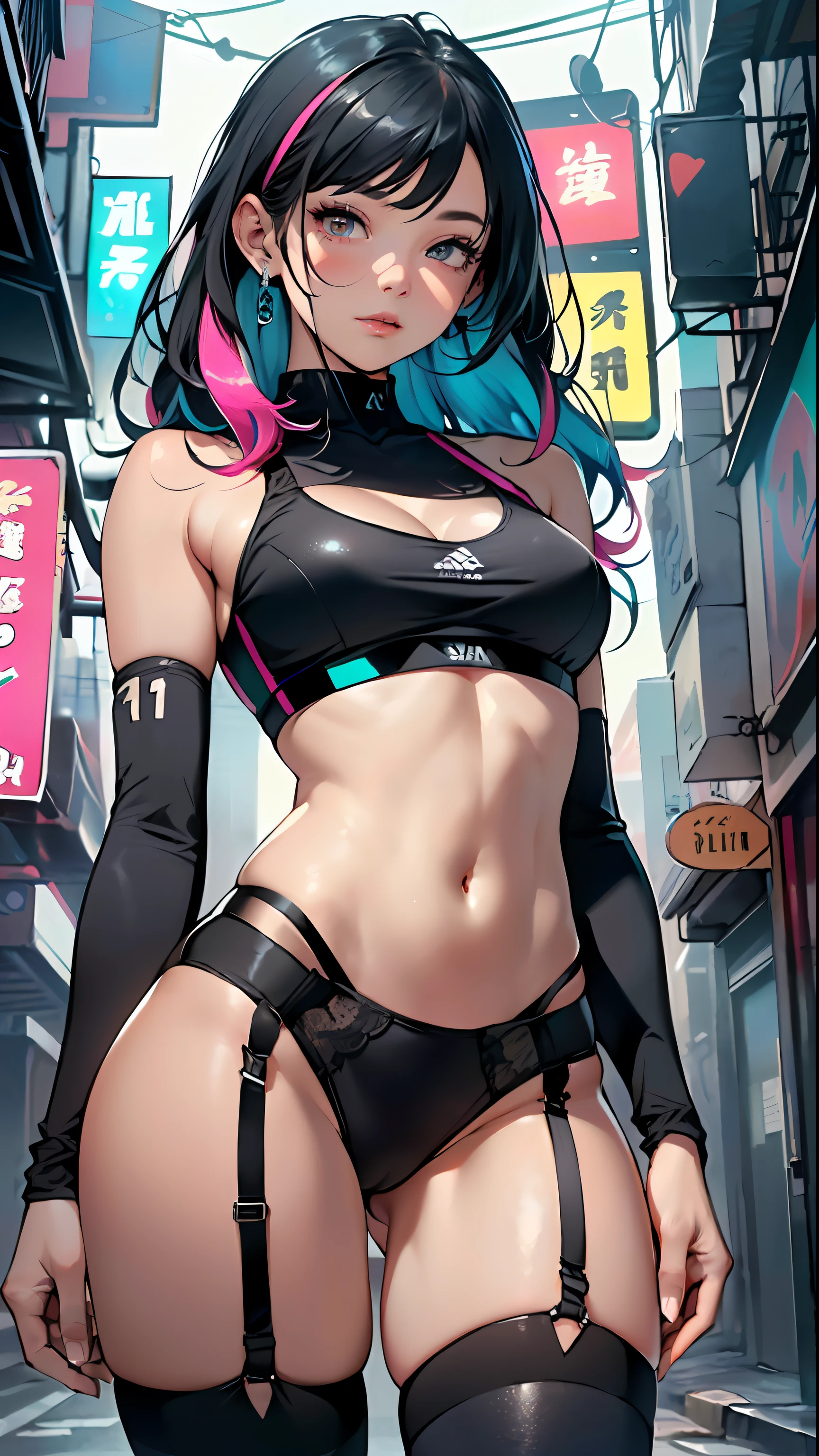 sporty girl with Asian features,(((1girl))),((anime girl with dark hair and turquoise highlights, extremely cute and beautiful walking seductively down the street)),

(large breasts:1.4),saggy breasts,(((Black hair with turquoise streaks:1.35, straight hair, long hair:1.4, colored inner hair,ear breathing))),((heterochromia, eye1 blue, eye2 turquoise,  perfect eyes, upturned eyes:1.3, beautiful detailed eyes, finely detailed beautiful eyes:1, big highlight on eyes:1.2, slanted eyes)), ((fat)),(((lustrous skin:1.5,bright skin: 1.5,skin tanned,shiny skin,very shiny skin,shiny body,plastic glitter skin,exaggerated shiny skin))),(spider lower abdomen,narrow waist,wide hip,athletic body,inflated legs,delicate detailed fingers,detailed body,detailed arms,human hands, detailed hands),

cute,slutty,seductive,erotic,nsfw, 

zettai ryouiki,revealing clothing,show skin,((((underboob)))),(((small magenta sports bra, sport thong,visible thong straps))),(wearing a sport outfit:1.3,sport clothes,semi-naked,with little clothing,),(detailed outfit,detailed clothes),

(dynamic pose:1.0), embarrassed, centered, scale to fit dimensions, Rule of thirds,

outdoors, ((night view)), (cyberpunk night street Background: 1.5,dark sky,alleyway,lonely alley,thick clouds, detailed background:1.25),

(best quality), (high resolution), (sharp focus), (ultra detailed), (extremely detailed), (extremely high quality artwork), 8k_wallpaper, (extremely detailed CG 8k),(very fine 8K CG), ((hyper super ultra detailed perfect piece)), flawless, (((masterpiece))), illustration, vibrant colors,  (intricate), High contrast, Selective lighting, Double exposure, HDR (High Dynamic Range), Post-processing, Background blur,
