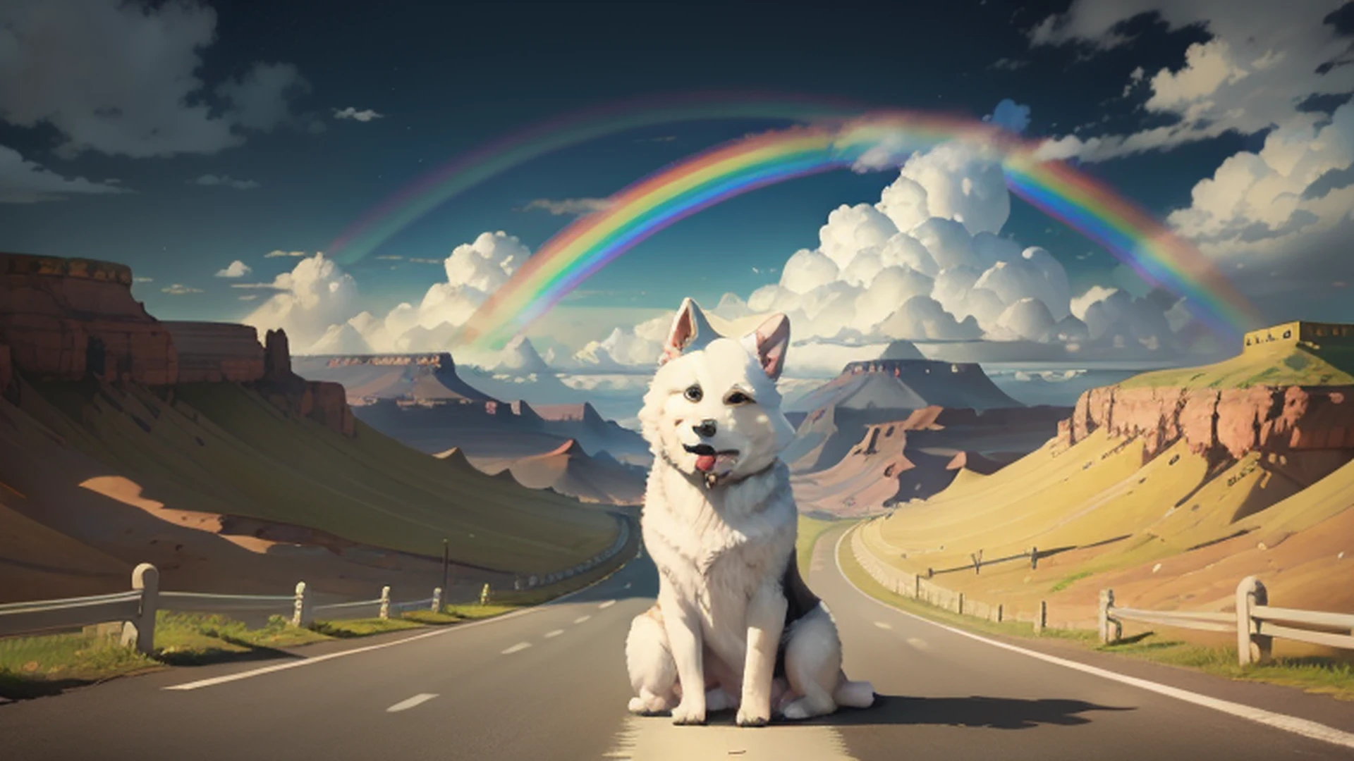 White puppy，The Alafeld dog sits on the road to the rainbow painting, rainbow road, color highway, rainbow trail,standing bravely on the road, The blue sky stands on the road, shaxi, Dog jumps over hills, Grand canyon,Tall buildings,elevation,babylon,Castle in the sky，Looking up